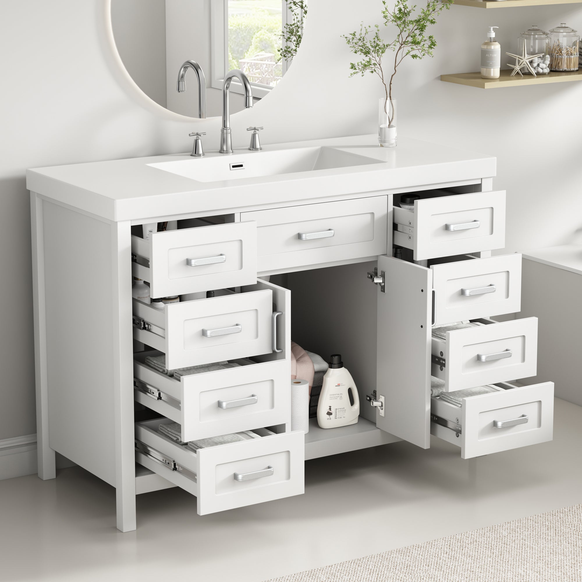 [Video] 48' Bathroom Vanity with Sink, 2 Doors and 8 Drawers, Soft Close System, Classic Design, White
