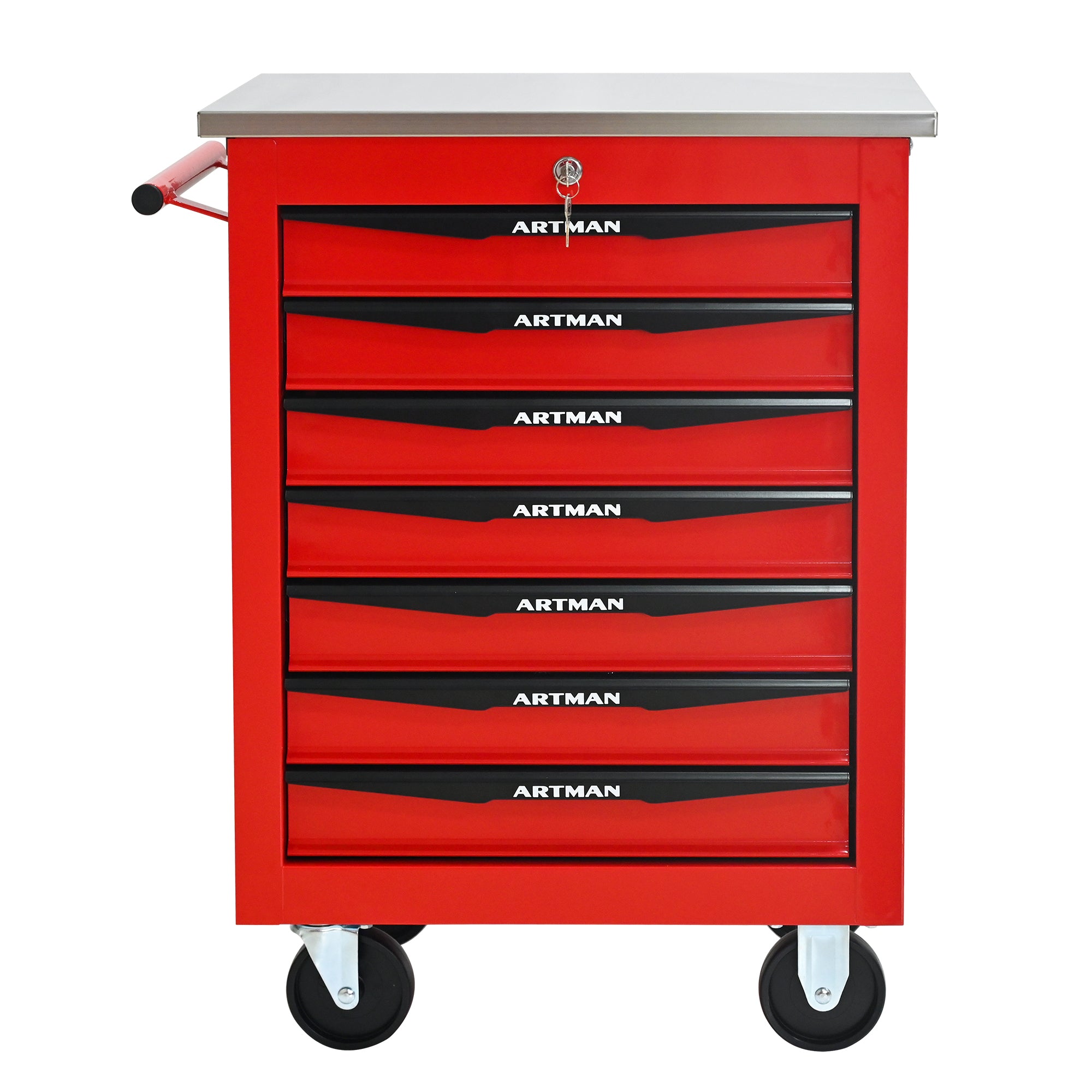 7 Drawers Multifunctional Tool Cart with Wheels,Metal Rolling Tool Cart Storage for Garage Workshop Warehouse Repair Shop--With Stainless Steel Roof- Red&Black