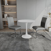 31.5 ' White circular dining table, tulip dining table, kitchen dining table for 2-4 people, MDF tabletop and base, and 2 gray PU plating silver metal leg dining chair set 2