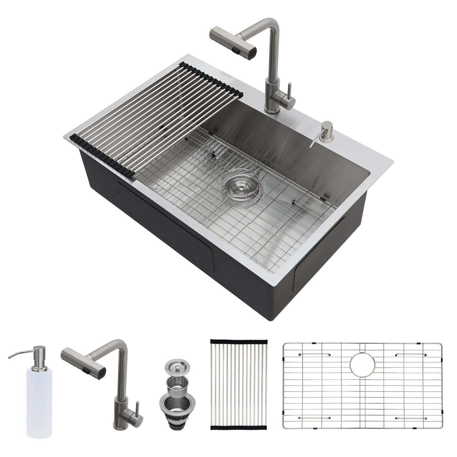 33 x 22 inch Stainless Steel 33' Drop-in Kitchen Sink with Pull-Down Faucet and Soap Dispenser, Brushed Nickel Finish