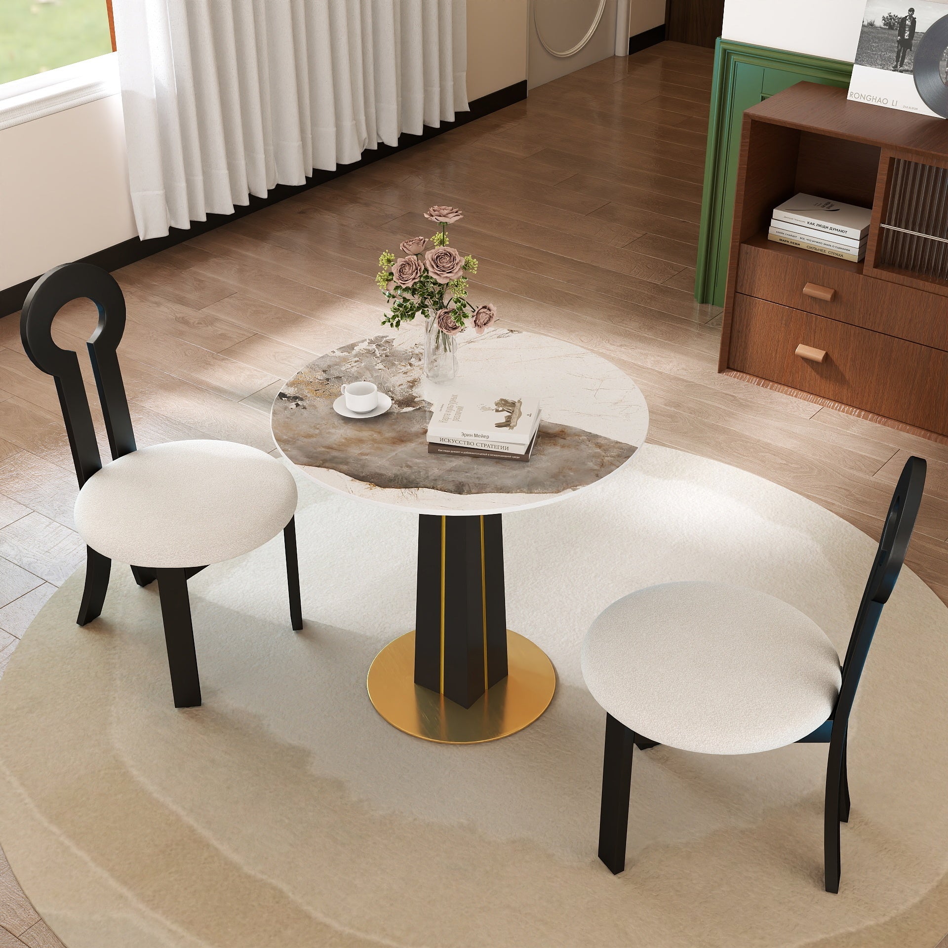 Modern Round Negotiation Table - 85cm White Sintered Stone Top, Black Wooden Legs with Golden Metal Base(Only the Negotiation Table)