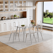 Table and chair set.Modern Luxurious Rectangular Tempered Glass Dining Table Set- with 6 Transparent Plastic Dining Chair with Silver Metal Legs.Bring a comfortable home experience to the kitchen.