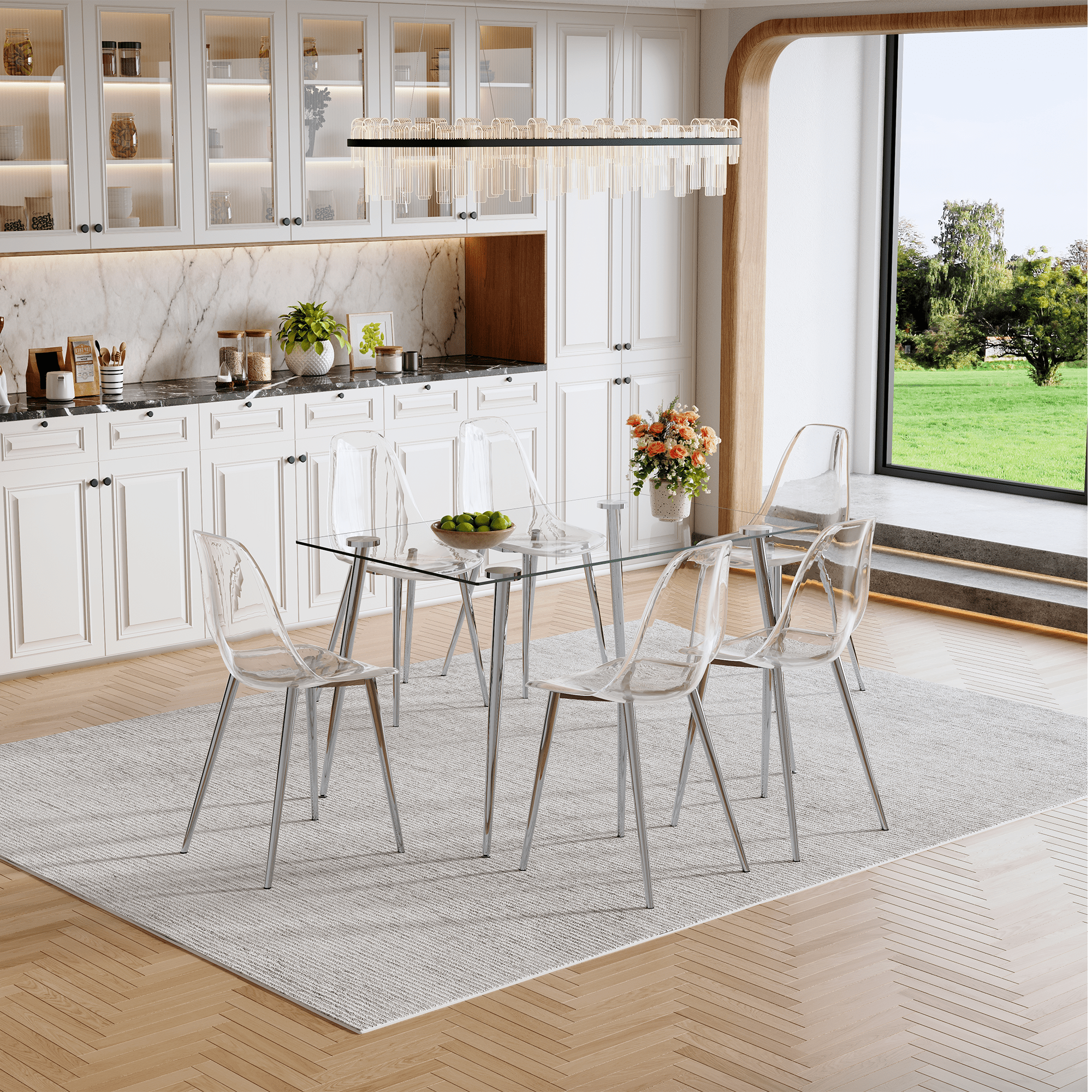 Table and chair set.Modern Luxurious Rectangular Tempered Glass Dining Table Set- with 6 Transparent Plastic Dining Chair with Silver Metal Legs.Bring a comfortable home experience to the kitchen.