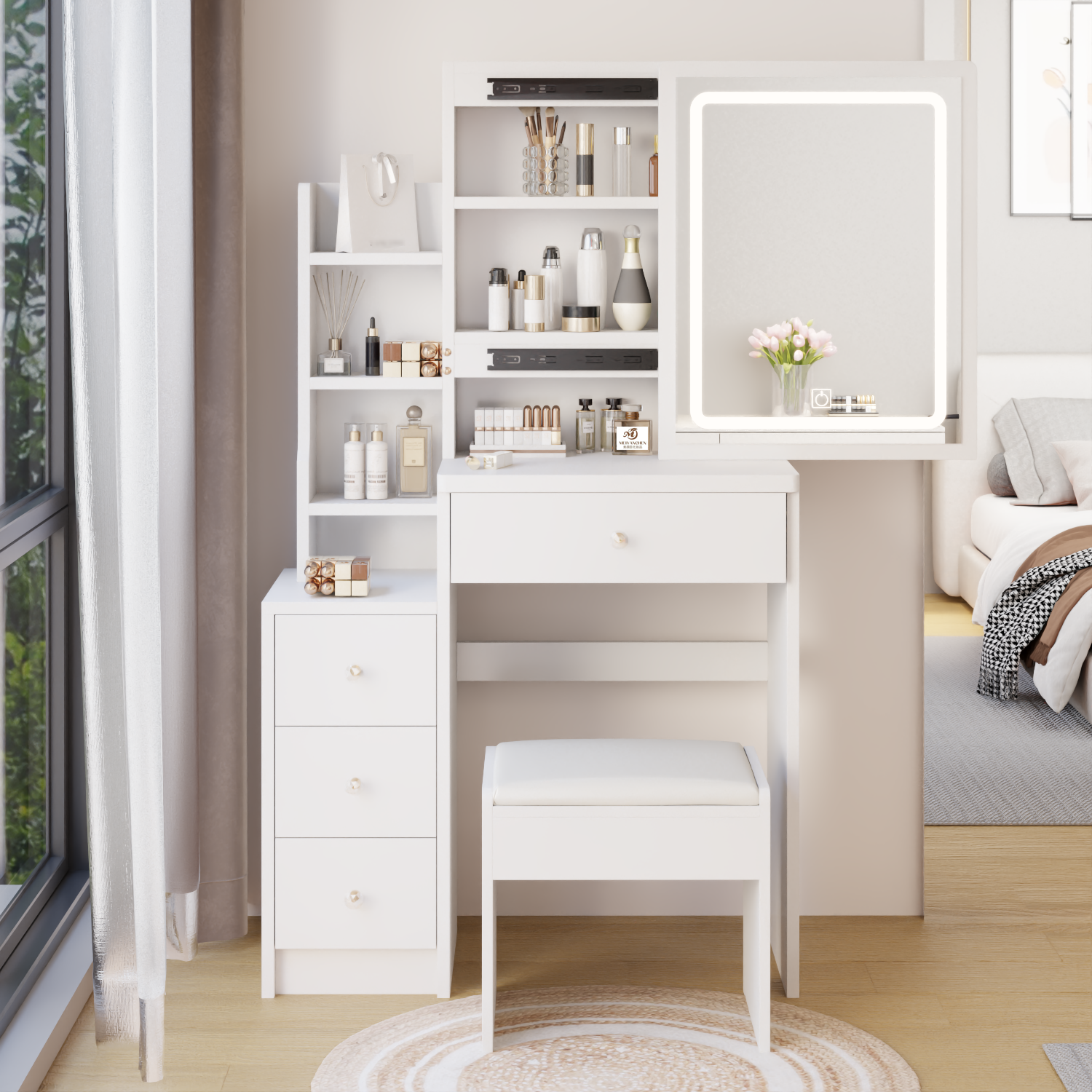 29.2' Small Size Left Bedside Cabinet Vanity Table + Cushioned Stool, Large Sliding, Touch Control, Tri-color Switching, Brightness Adjust LED Mirror, High Capacity Storage, Suitable for Small Space