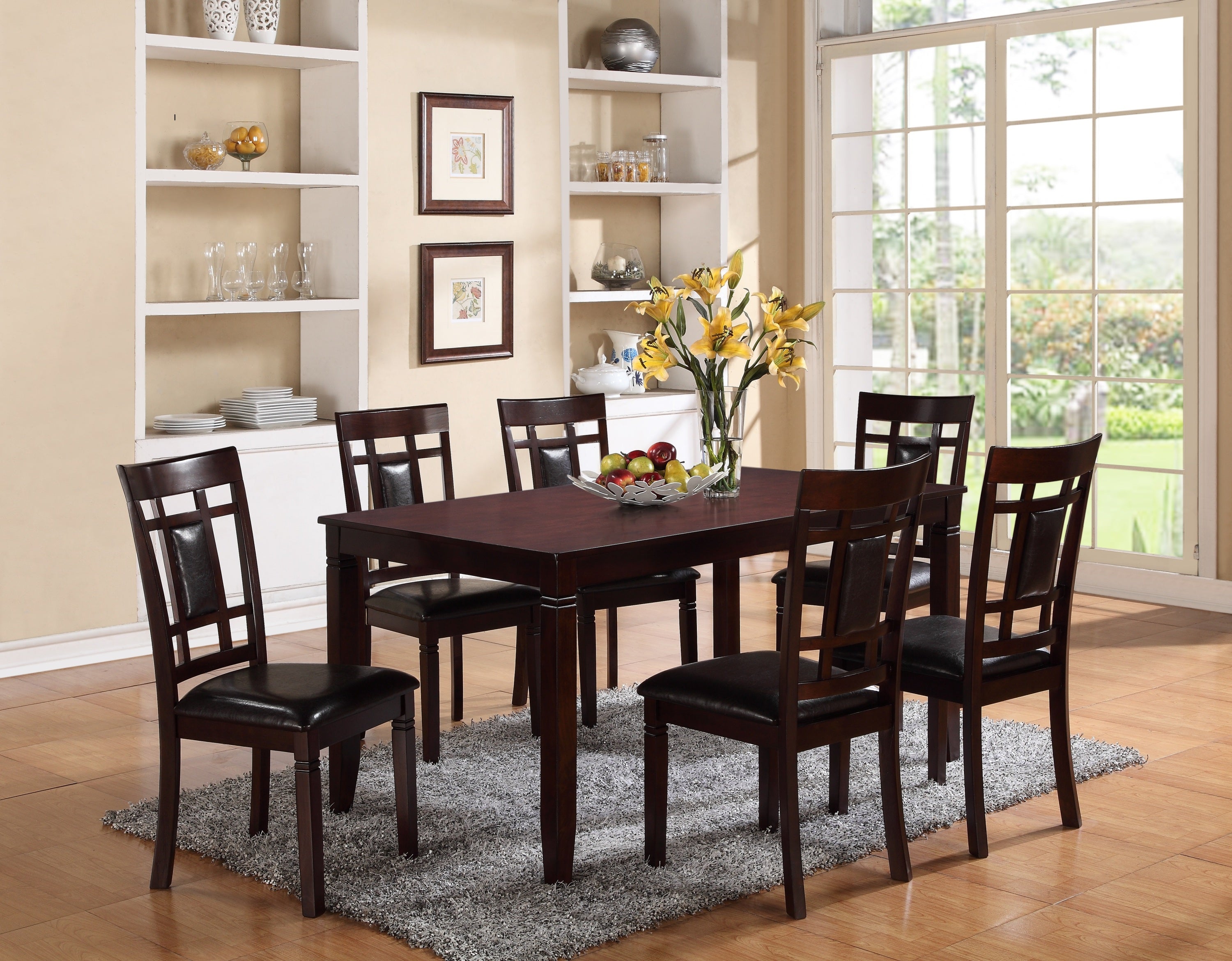 7-Pc Dinette Set Brown Espresso Finish Rectangular Table Faux Leather Upholstery Padded Lattice Design Side Chairs Dining Room Wooden Dining Set Furniture Contemporary Transitional Style