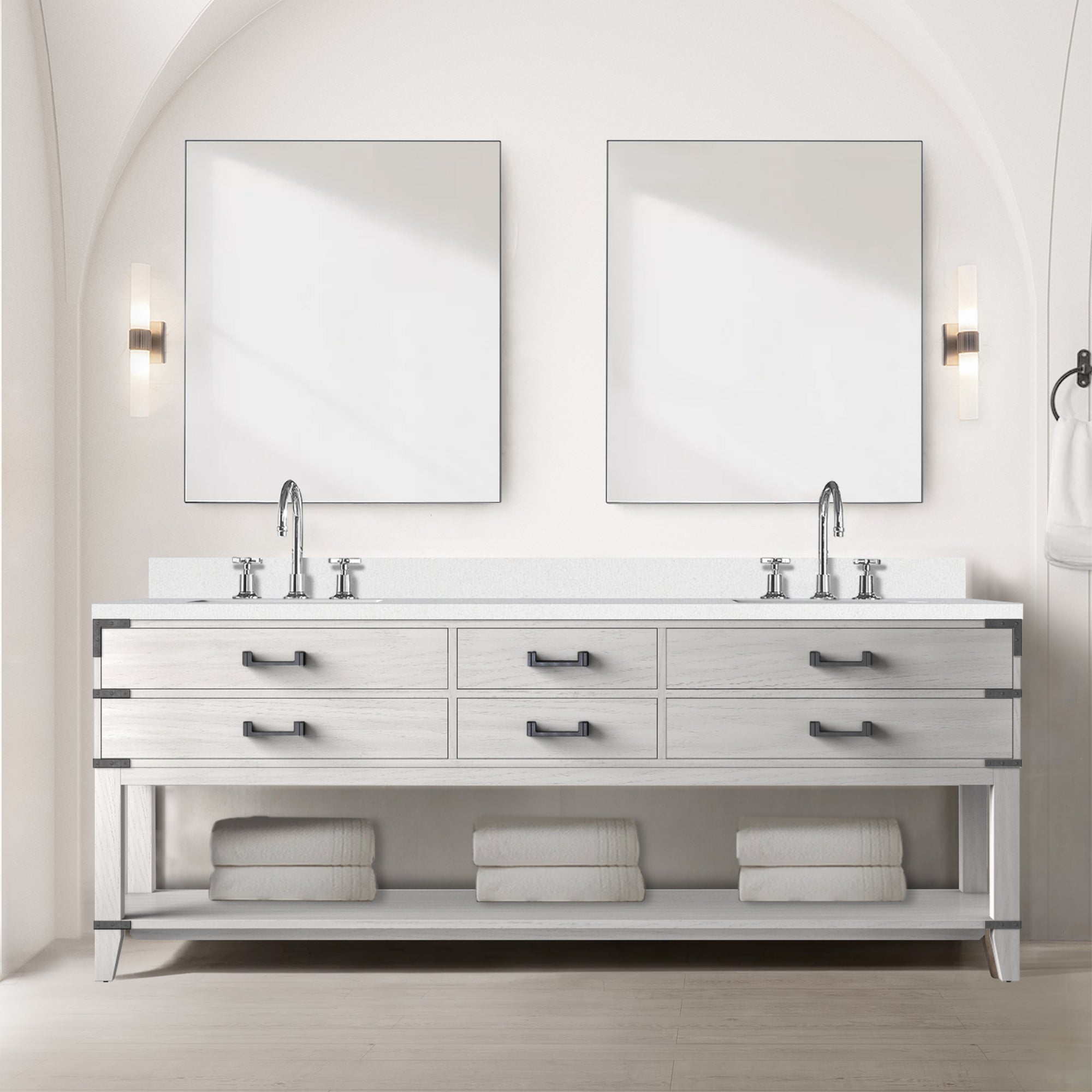 White Oak Double Bath Vanity 84 in. W x 22 in. D, White Quartz Top, and Faucet Set