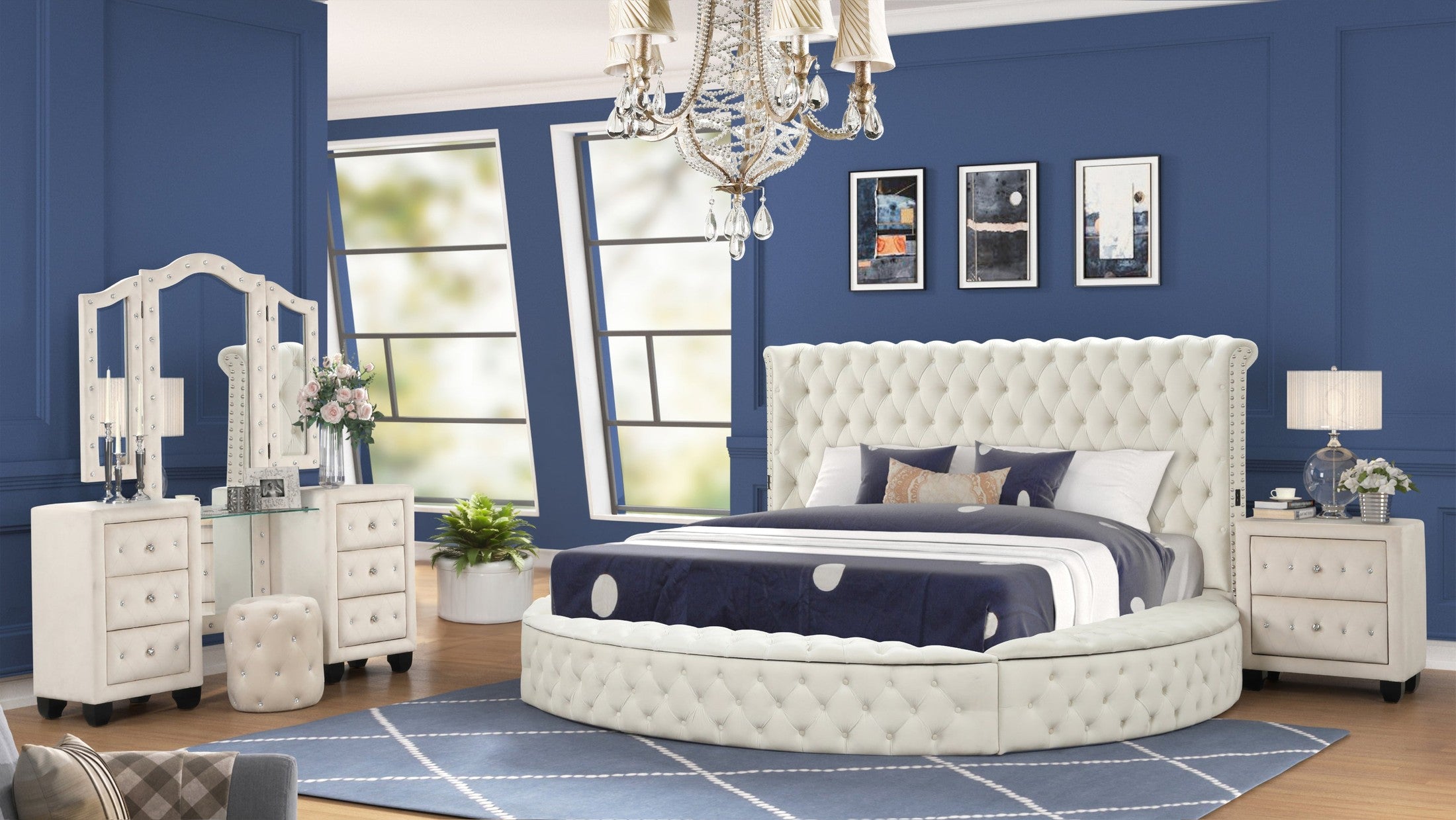 HAZEL Modern Style Queen 4PC Vanity Bedroom  Set with USB Ports & Made with Wood in Cream(CA INVENTORY)