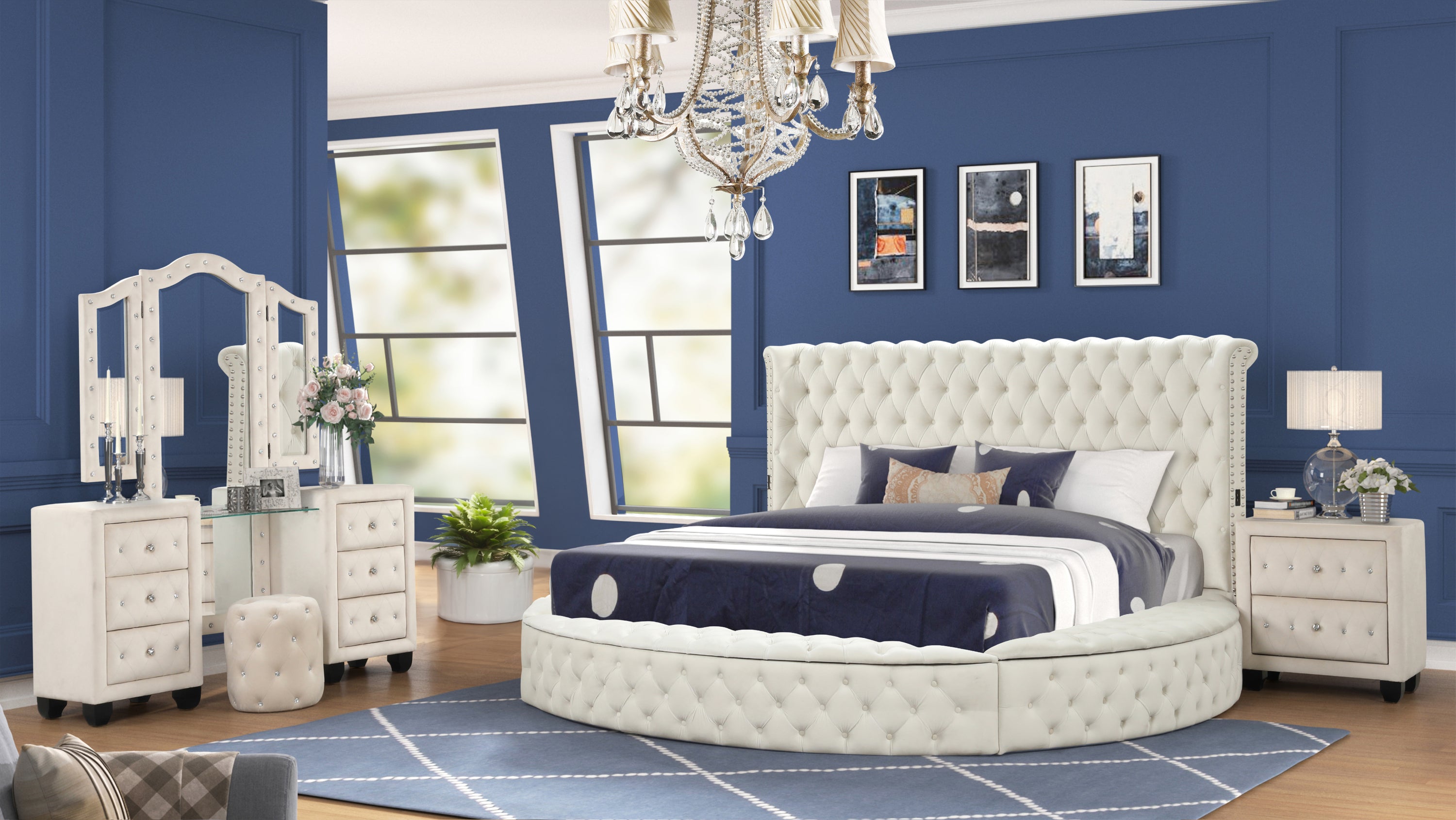 HAZEL Modern Style Queen 4PC Vanity Bedroom  Set with USB Ports & Made with Wood in Cream(CA INVENTORY)