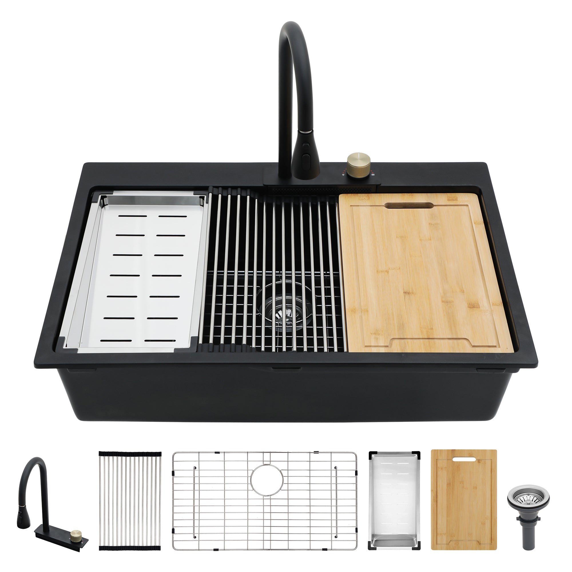 Modern Black Quartz Composite Waterfall Kitchen Sink with Pull-Out Faucet, 33x22 Inches