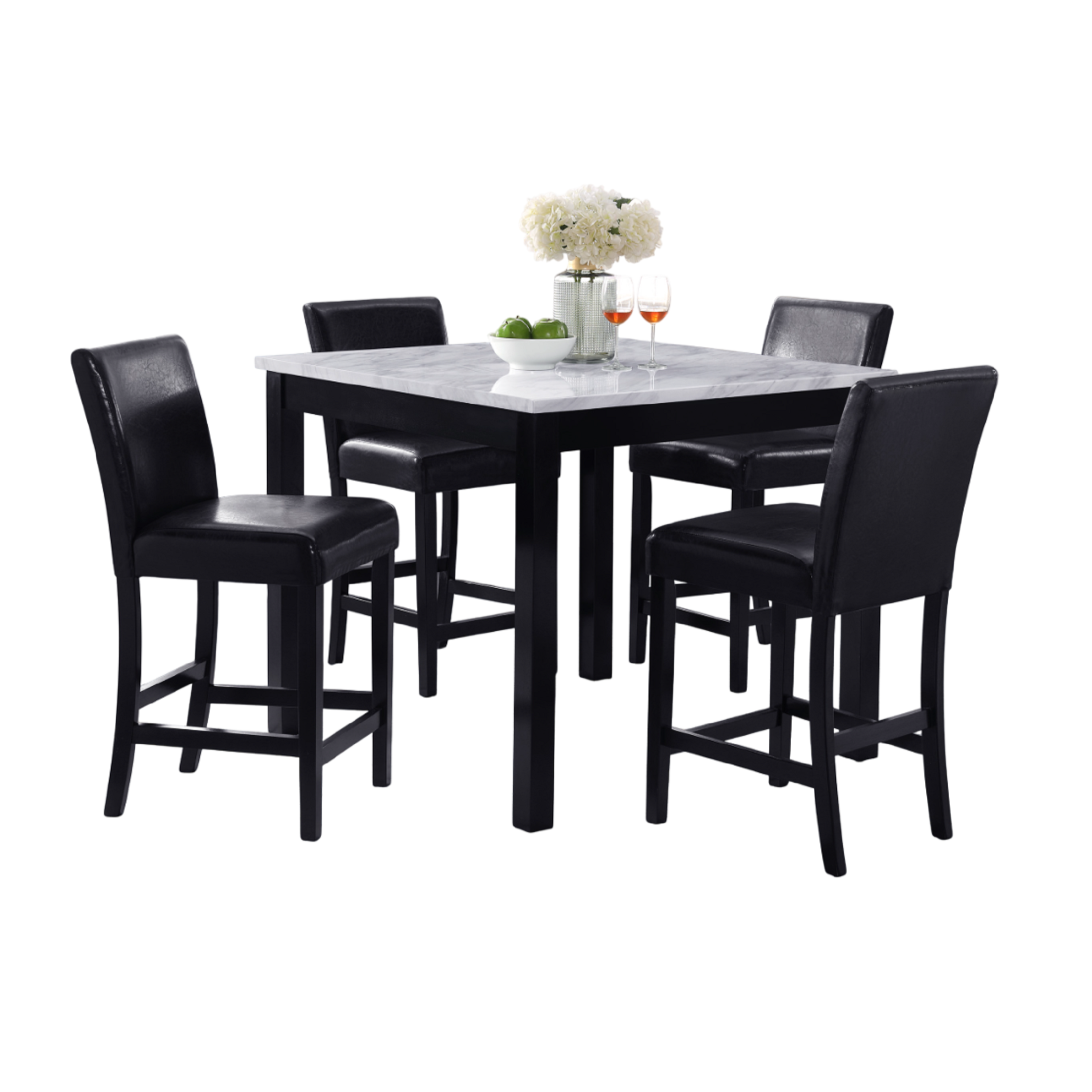 Contemporary 5pc Counter Height Dining Set with Square White Faux Marble Table and Black Faux Leather Upholstered Chairs