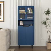 Tempered Glass Door Tall Storage Bookcase with adjustable board, 4 doors MDF painting finished cabinet, Navy Blue, Living room Bedroom storage