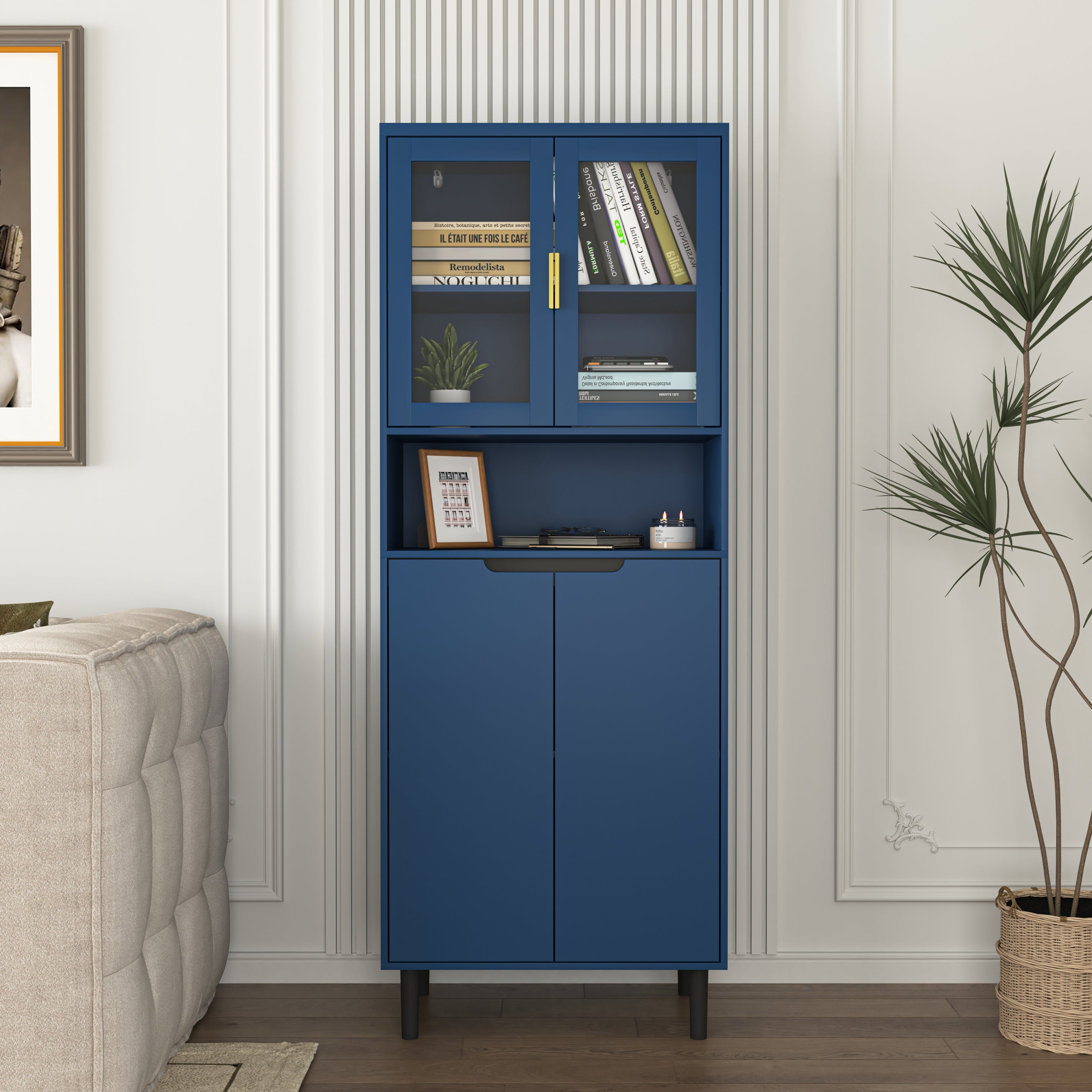 Tempered Glass Door Tall Storage Bookcase with adjustable board, 4 doors MDF painting finished cabinet, Navy Blue, Living room Bedroom storage