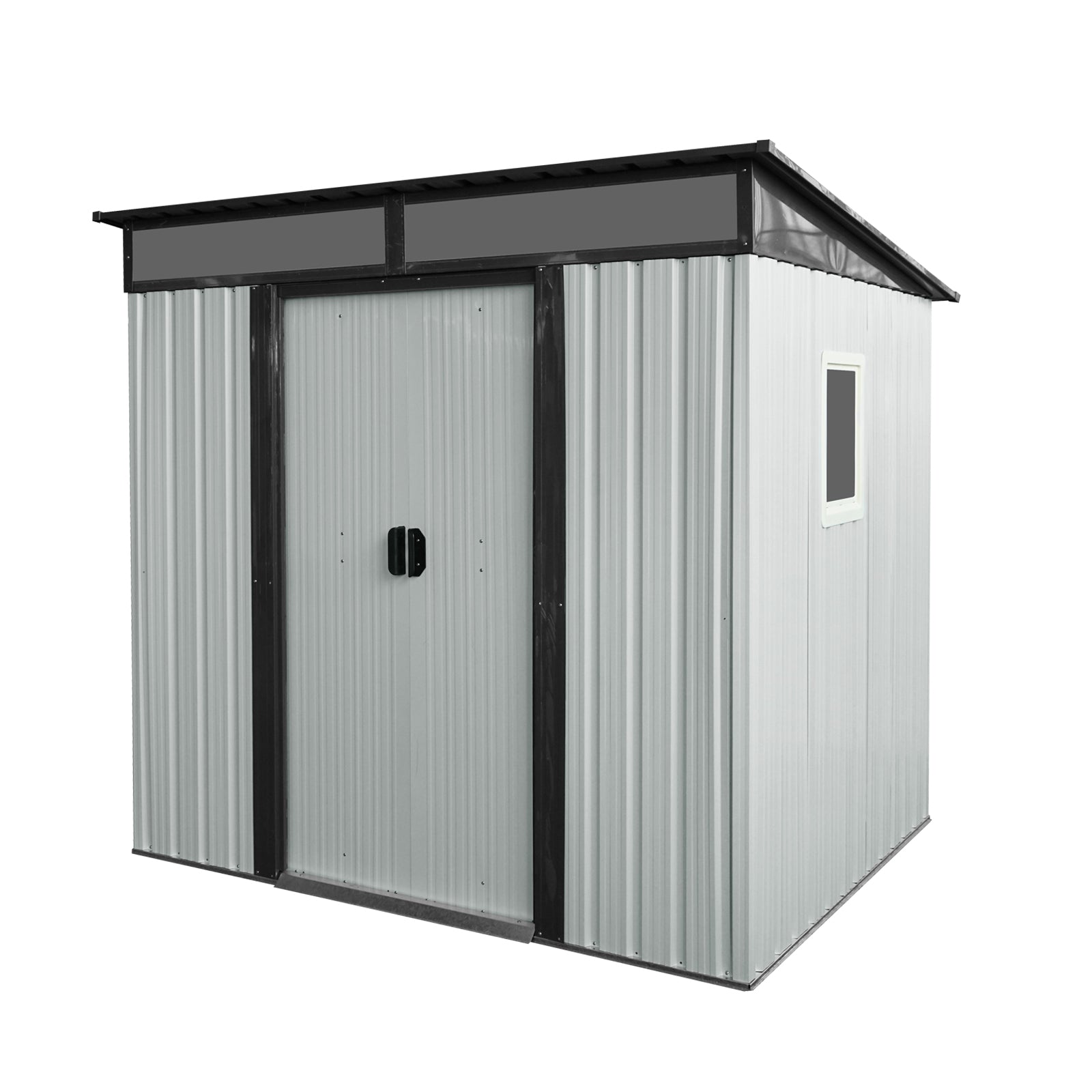 Outdoor Metal Storage Shed with Window and Transparent Plate for Garden, Lawn - White and Black - 6ft x 5ft