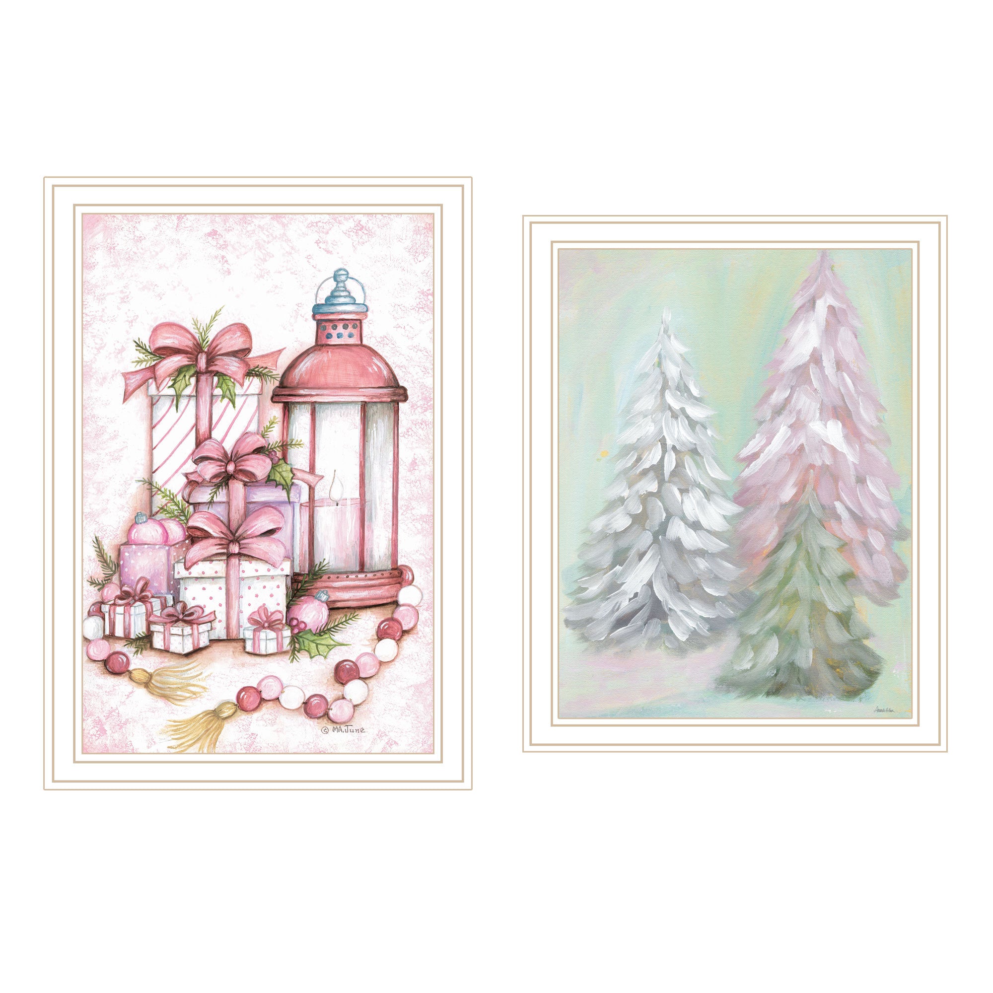 Trendy Decor 4U 2- Piece Vignette Pink Candy Land Christmas Trees White Framed Wall Art for Living Room, Bedroom Wall Art Print for Home Decor by Mary June