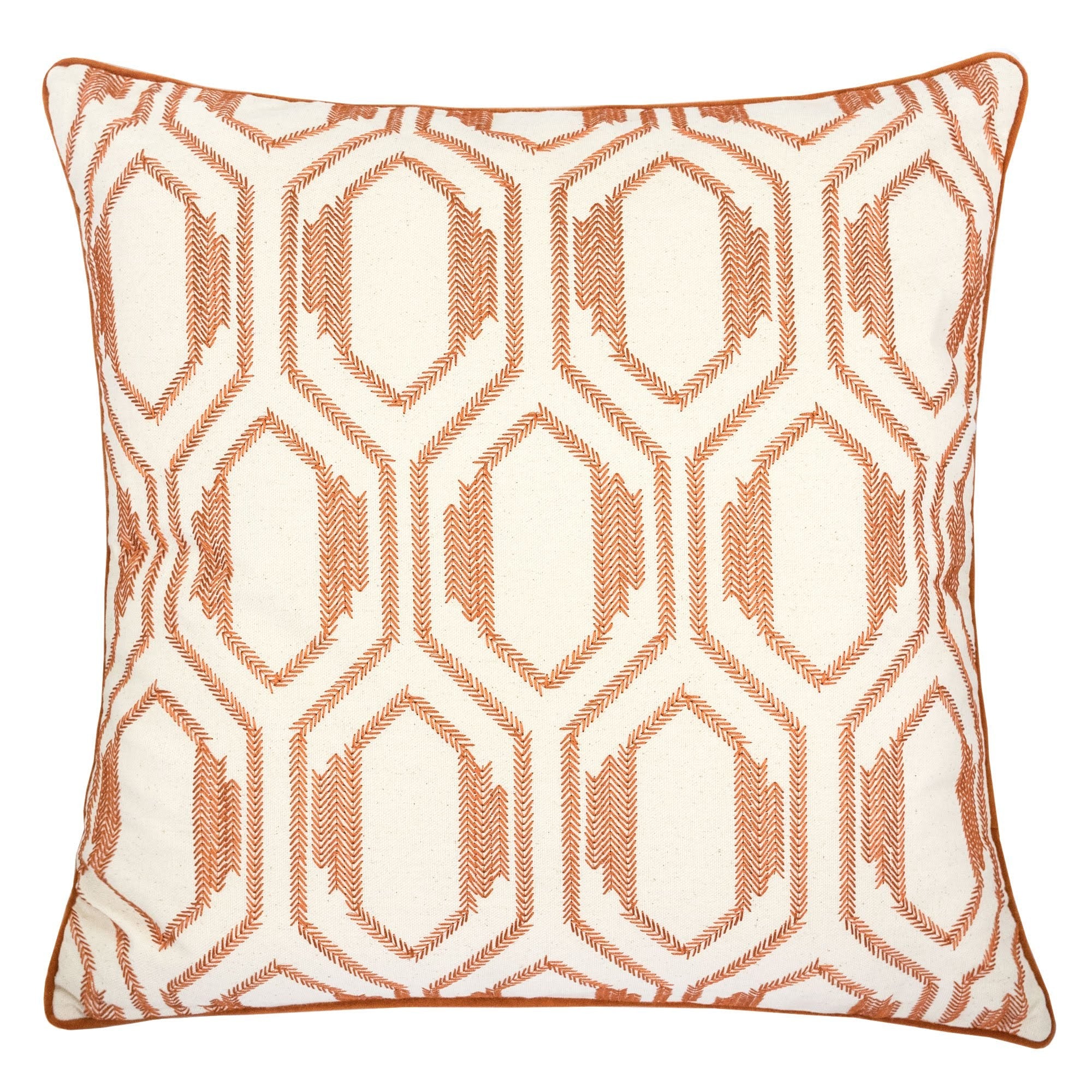 Geometric Embroidered Cotton Throw Pillow – Rust Modern Accent
