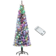 HOMCOM 6 ft Pre-Lit Pencil Christmas Tree, Artificial Christmas Tree with 170 Dual Color LED Lights and 429 Branch Tips, Flocked Xmas Tree with Metal Stand for Holiday Party, Green