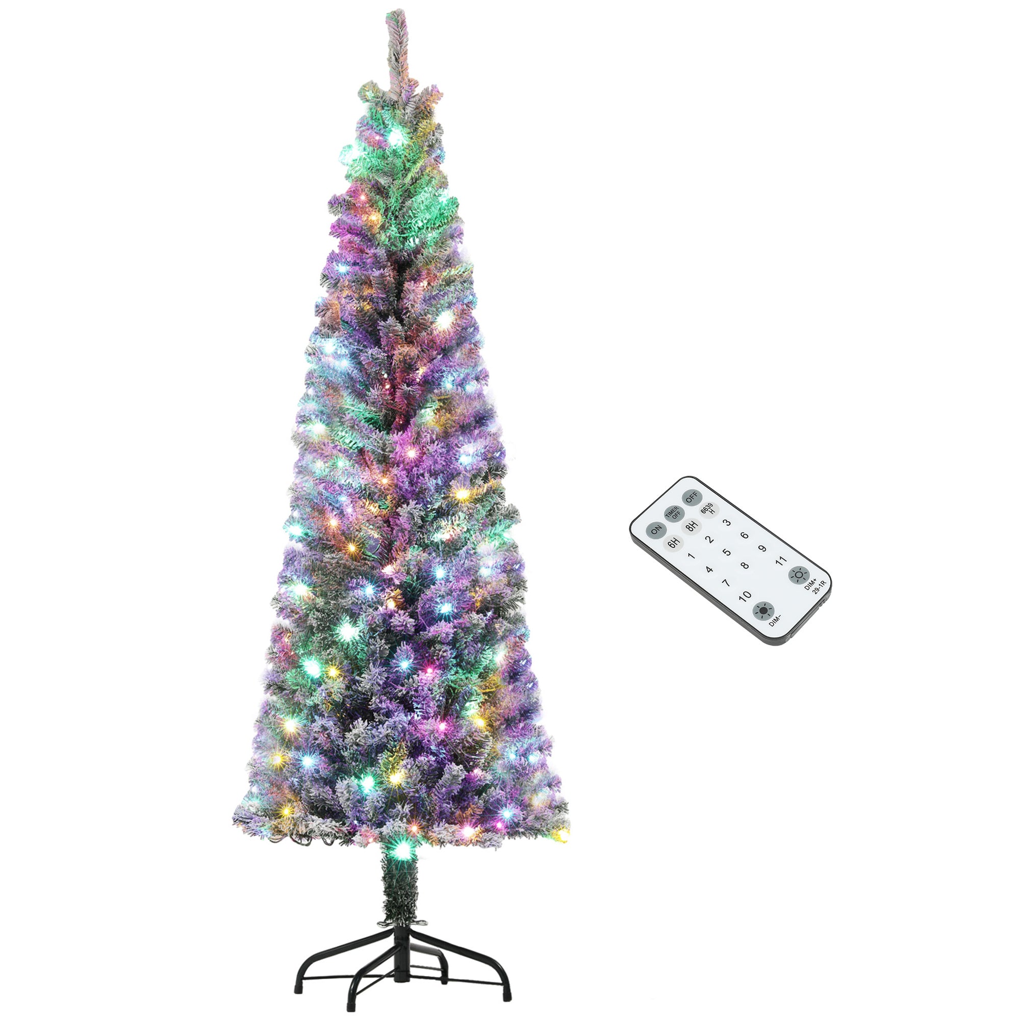 HOMCOM 6 ft Pre-Lit Pencil Christmas Tree, Artificial Christmas Tree with 170 Dual Color LED Lights and 429 Branch Tips, Flocked Xmas Tree with Metal Stand for Holiday Party, Green