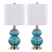 Belle 20' Contemporary Glass Accent Lamp in Clear Sapphire Blue Seeded Glass,  Brushed Nickel and White Linen Shade from Grandview Gallery by LumiSource - Set of 2
