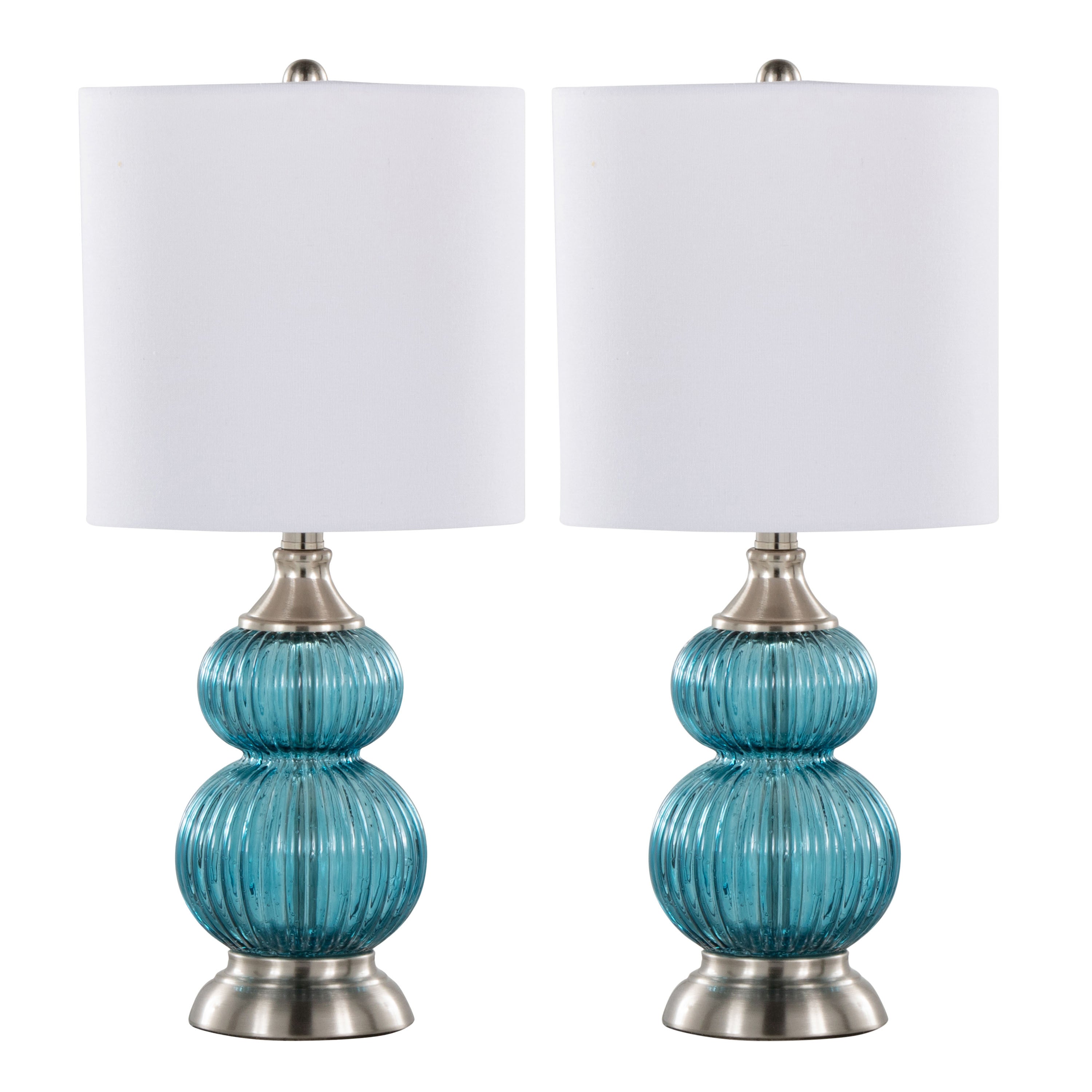 Belle 20' Contemporary Glass Accent Lamp in Clear Sapphire Blue Seeded Glass,  Brushed Nickel and White Linen Shade from Grandview Gallery by LumiSource - Set of 2