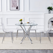 Table and chair set.36.6'Round clear glass dining table with a unique shape with ring-shaped gathered silver metal legs.Paired with 4 transparent high-quality PP dining chairs with silver legs.