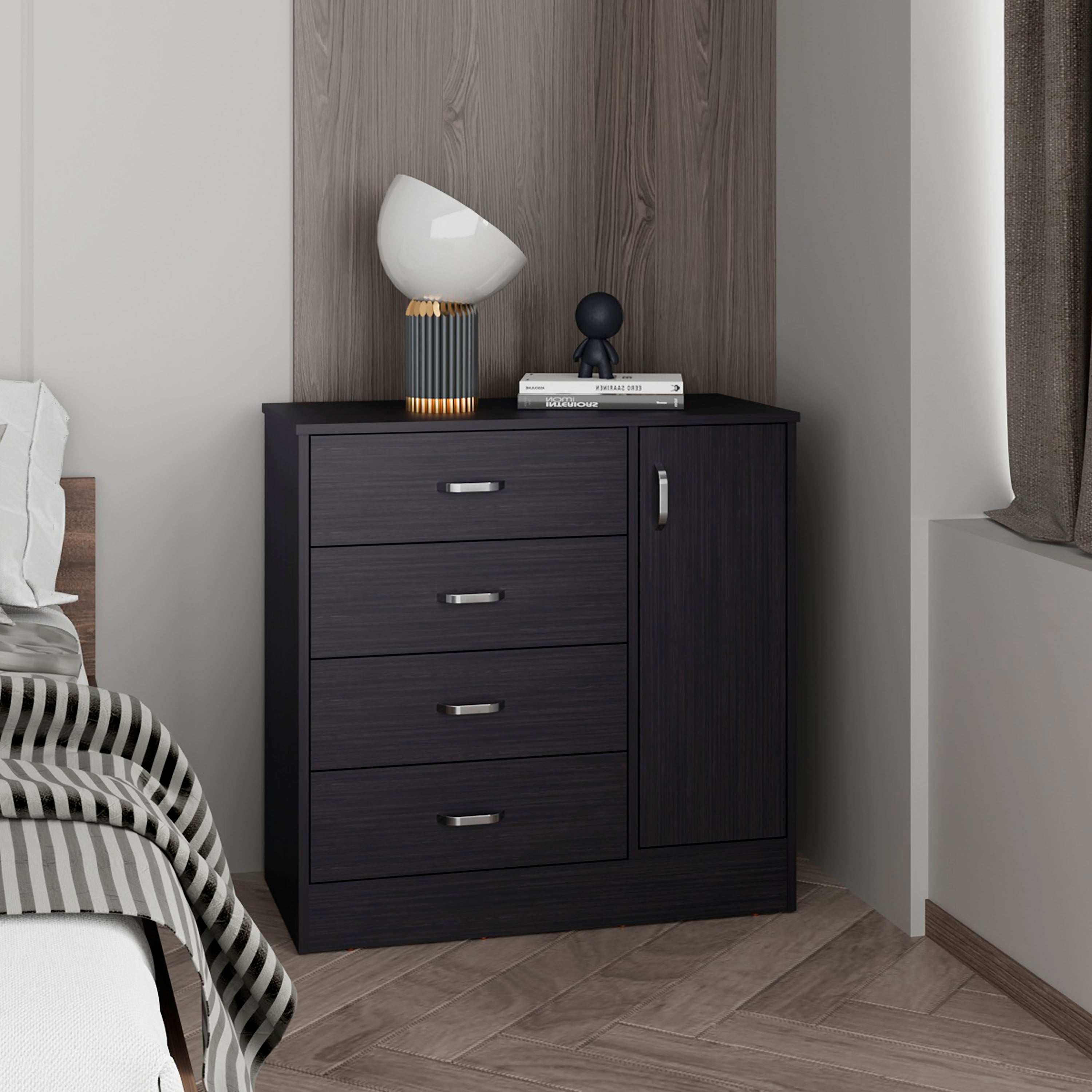 Katie Four Drawer, One Door Dresser With Spacious Storage, Modern Bedroom Organizer, Black