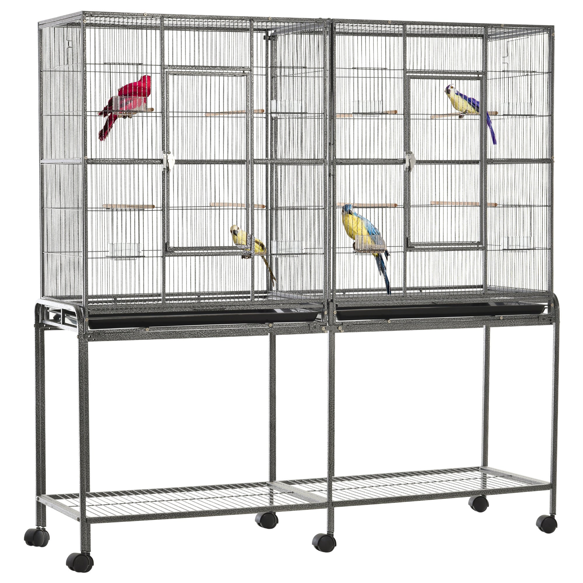 PawHut 65' Double Rolling Metal Bird Cage Feeder with Detachable Rolling Stand, Storage Shelf, Wood Perch & Food Container