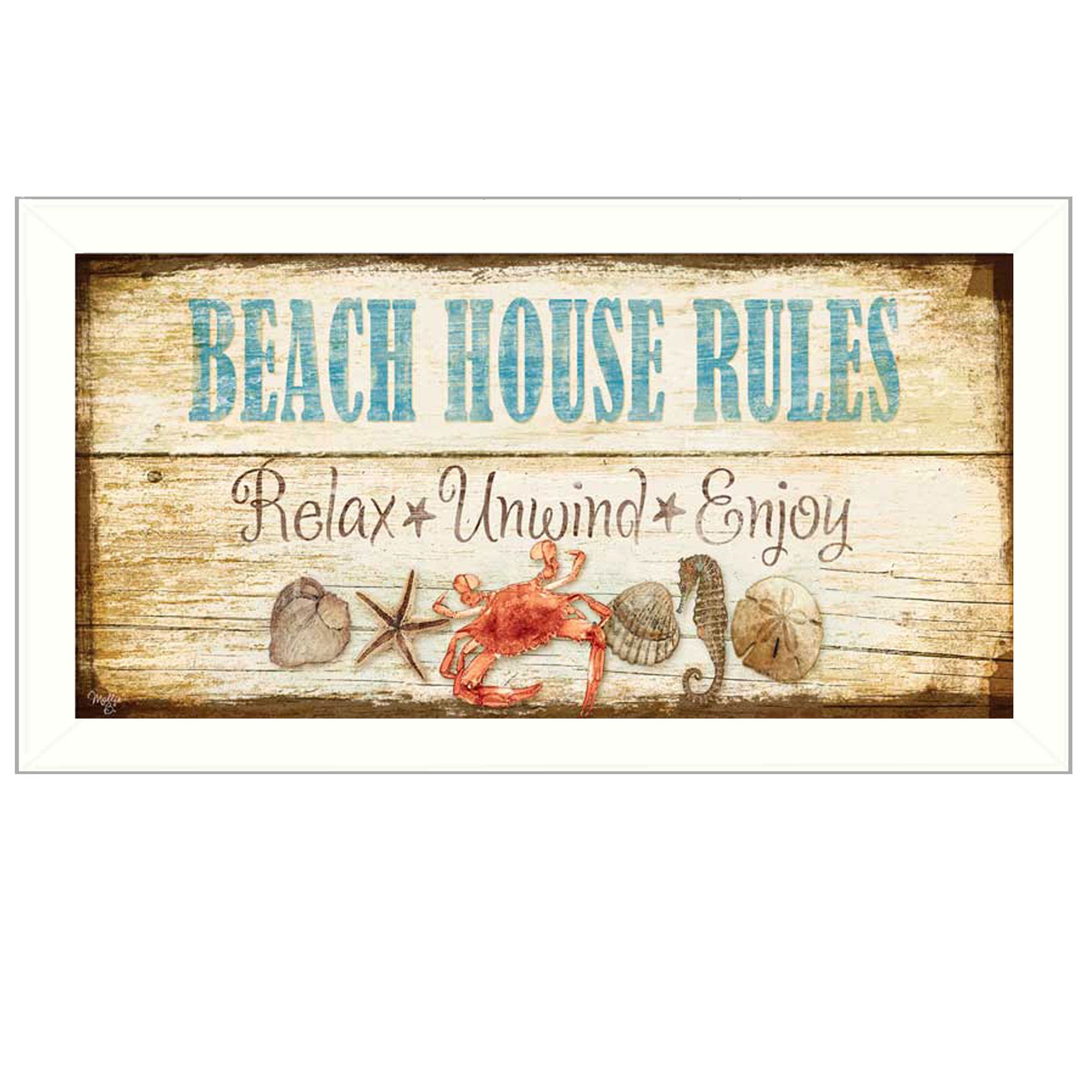'Beach House Rules' By Mollie B., Printed Wall Art, Ready To Hang Framed Poster, White Frame