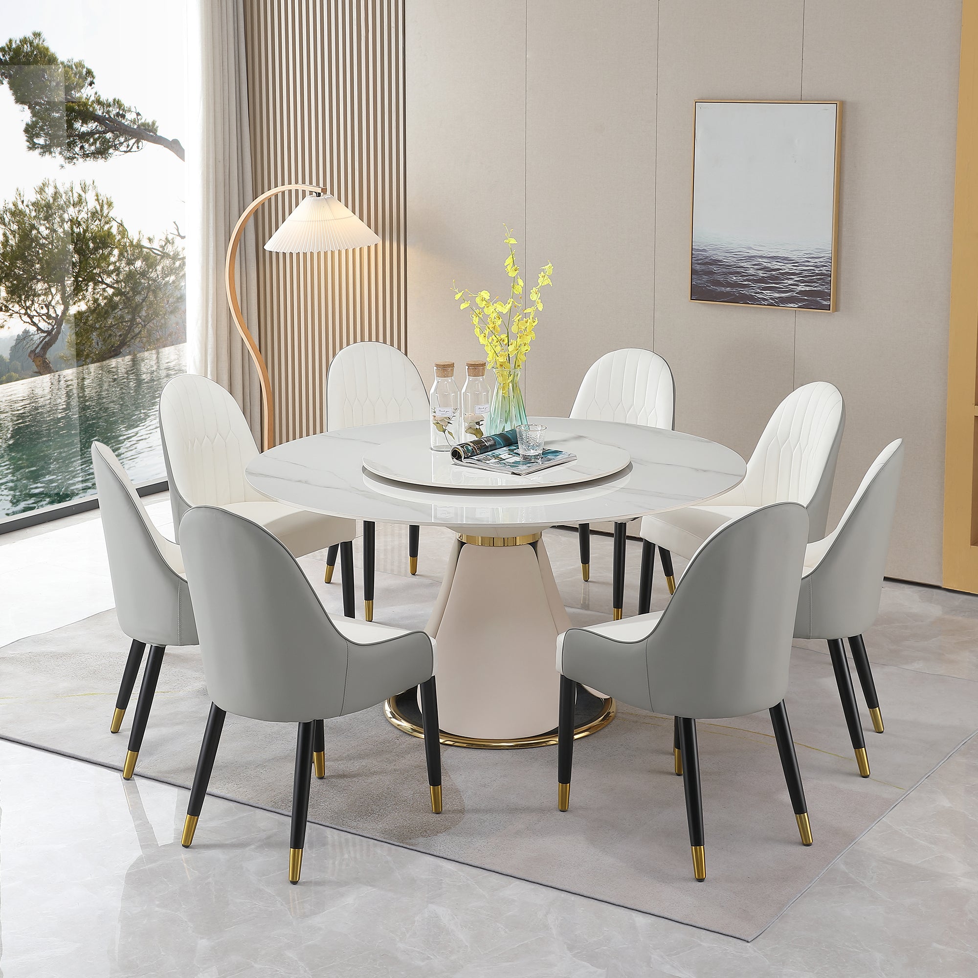 59.05'Modern Sintered stone dining table with 31.5' round turntable with wood and metal exquisite pedestal with 8 pcs Chairs .