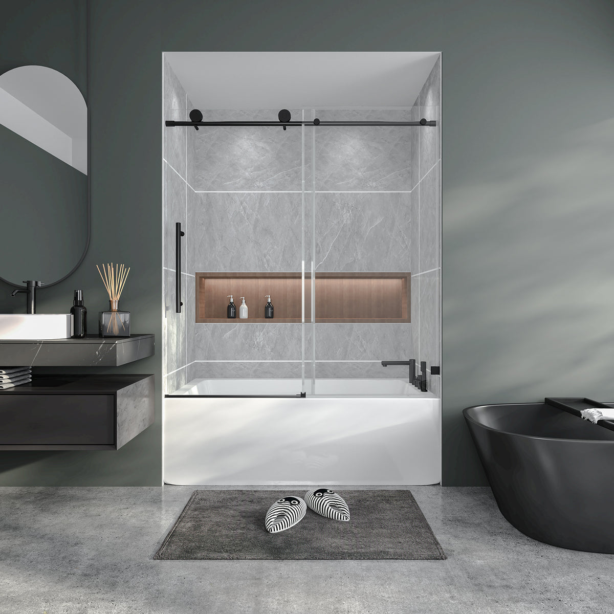 56'-60' W X 60' H Frameless Sliding Shower Door, Bathroom Shower Glass Door, 1/4' (6mm) Thick SGCC Tempered Glass Door, Stainless Steel Hardware, Adjustable Bumper, Matte Black
