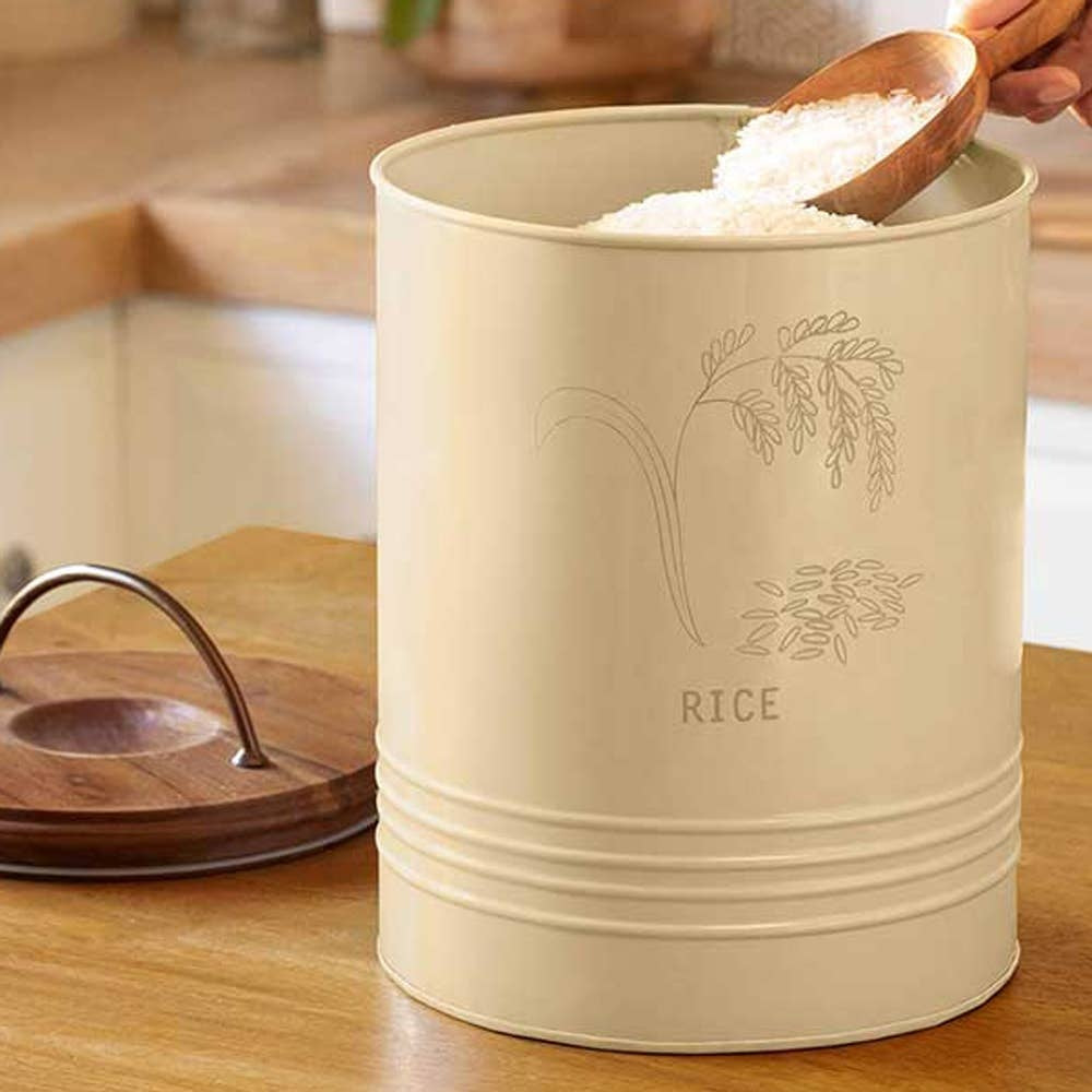 Metal Rice Storage Barrel with Wooden Lid - Sleek & Durable Kitchen Canister-8.6X8.6X11'