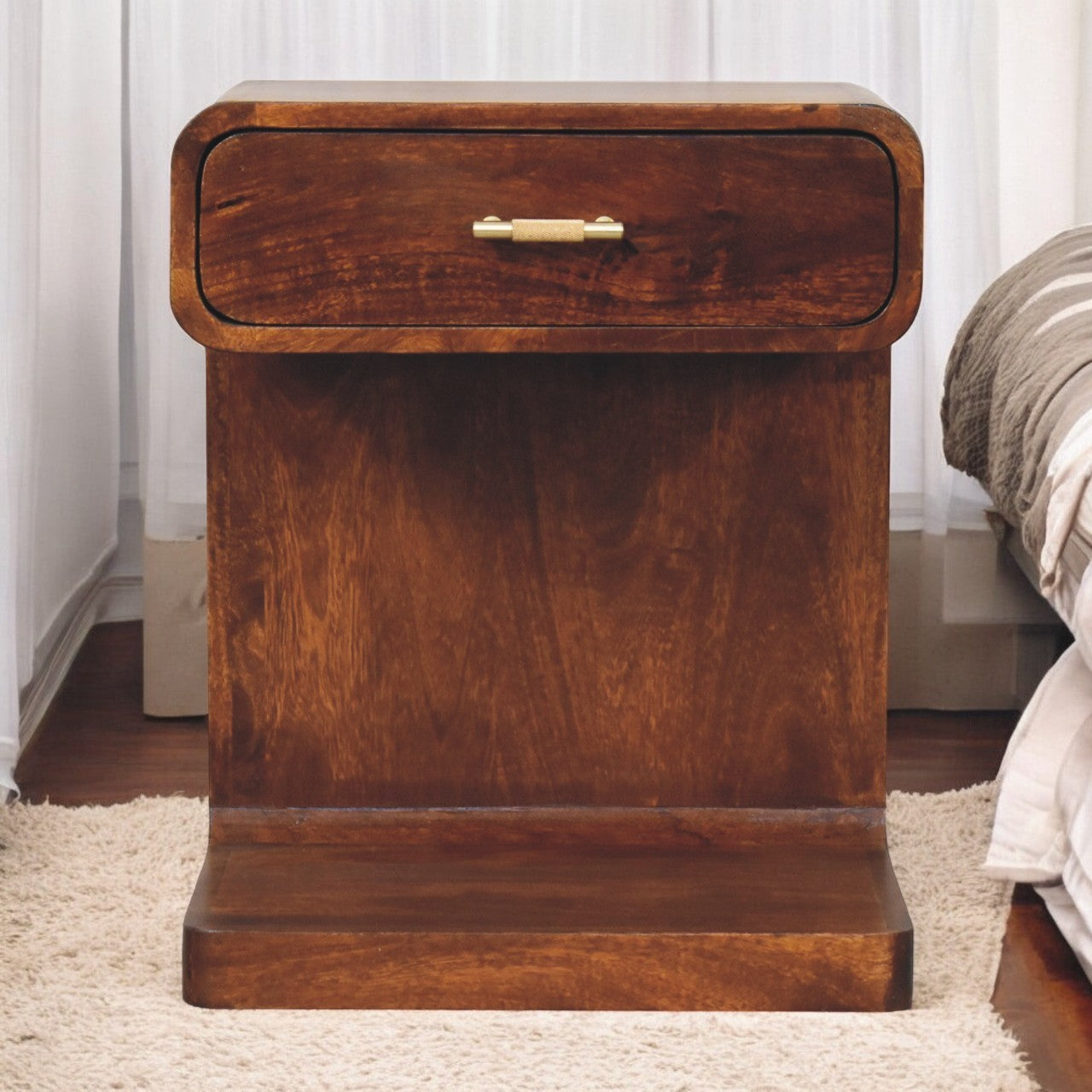 Solid Wood Chestnut T-Bar Rounded Bedside, 1-Drawer, Open Shelf, Dark Brown