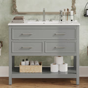 36' Bathroom Vanity with Ceramic Sink, Bathroom Vanity with Tip-Out Tray and 2 Full-Extension Drawers, Silver Pulls and Soft Close Drawer Slides Design, 1 Open Shelf at the Bottom, Gray