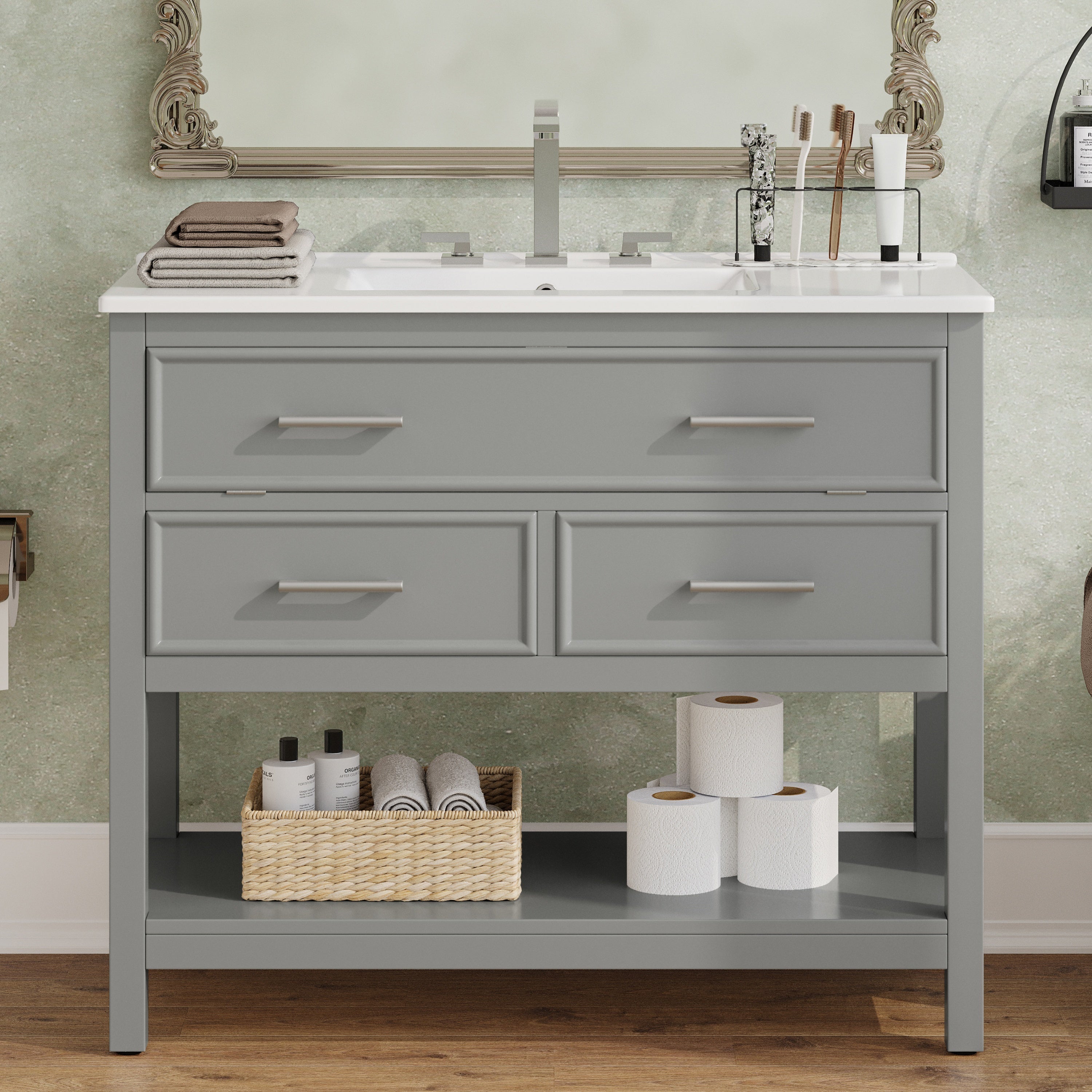 36' Bathroom Vanity with Ceramic Sink, Bathroom Vanity with Tip-Out Tray and 2 Full-Extension Drawers, Silver Pulls and Soft Close Drawer Slides Design, 1 Open Shelf at the Bottom, Gray