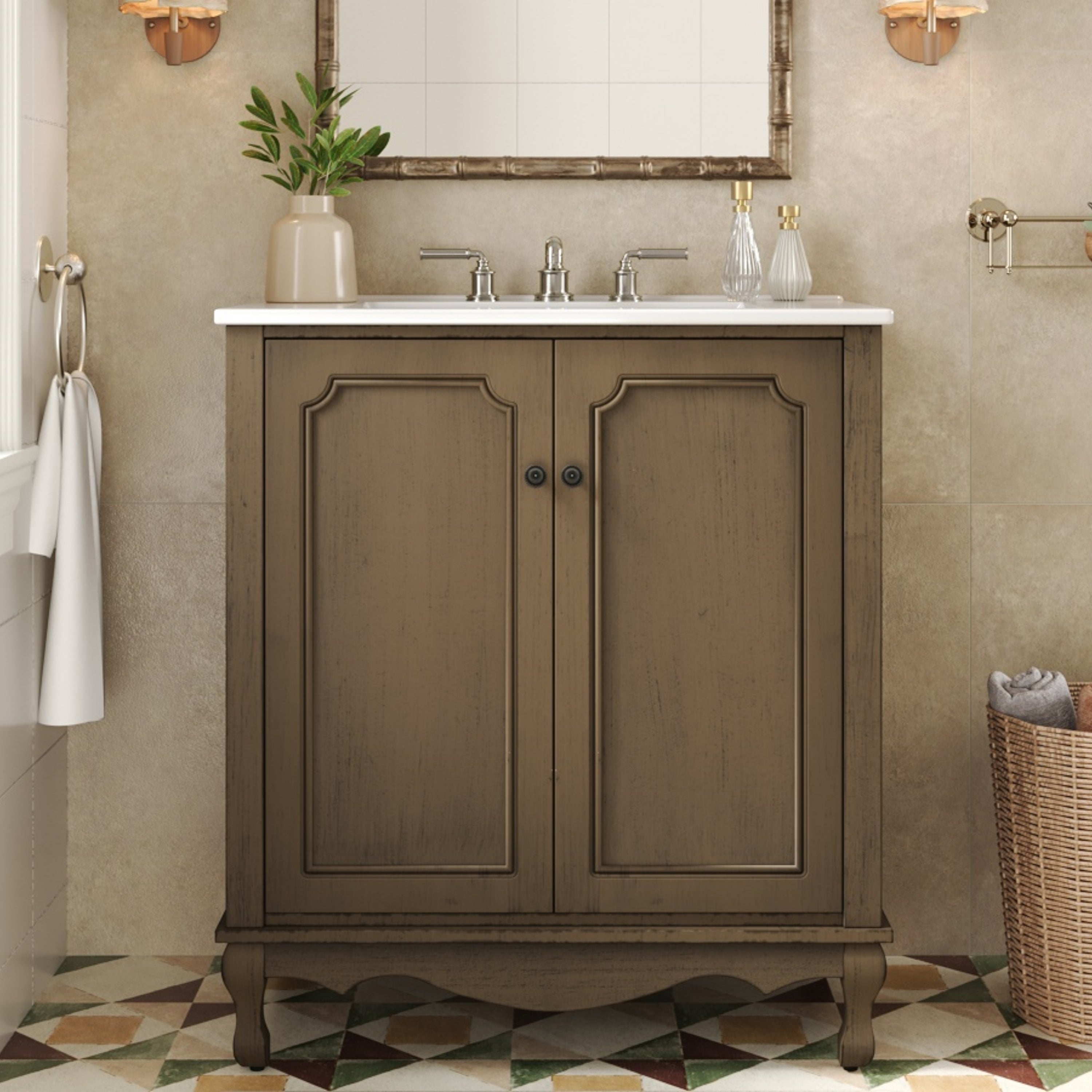 30' Vintage Bathroom Vanity with Ceramic Sink, Bathroom Vanity Cabinet with Antique Pulls, Bathroom Storage Cabinet with Rubber Wood Legs and Adjustable shelves, Antique Brown