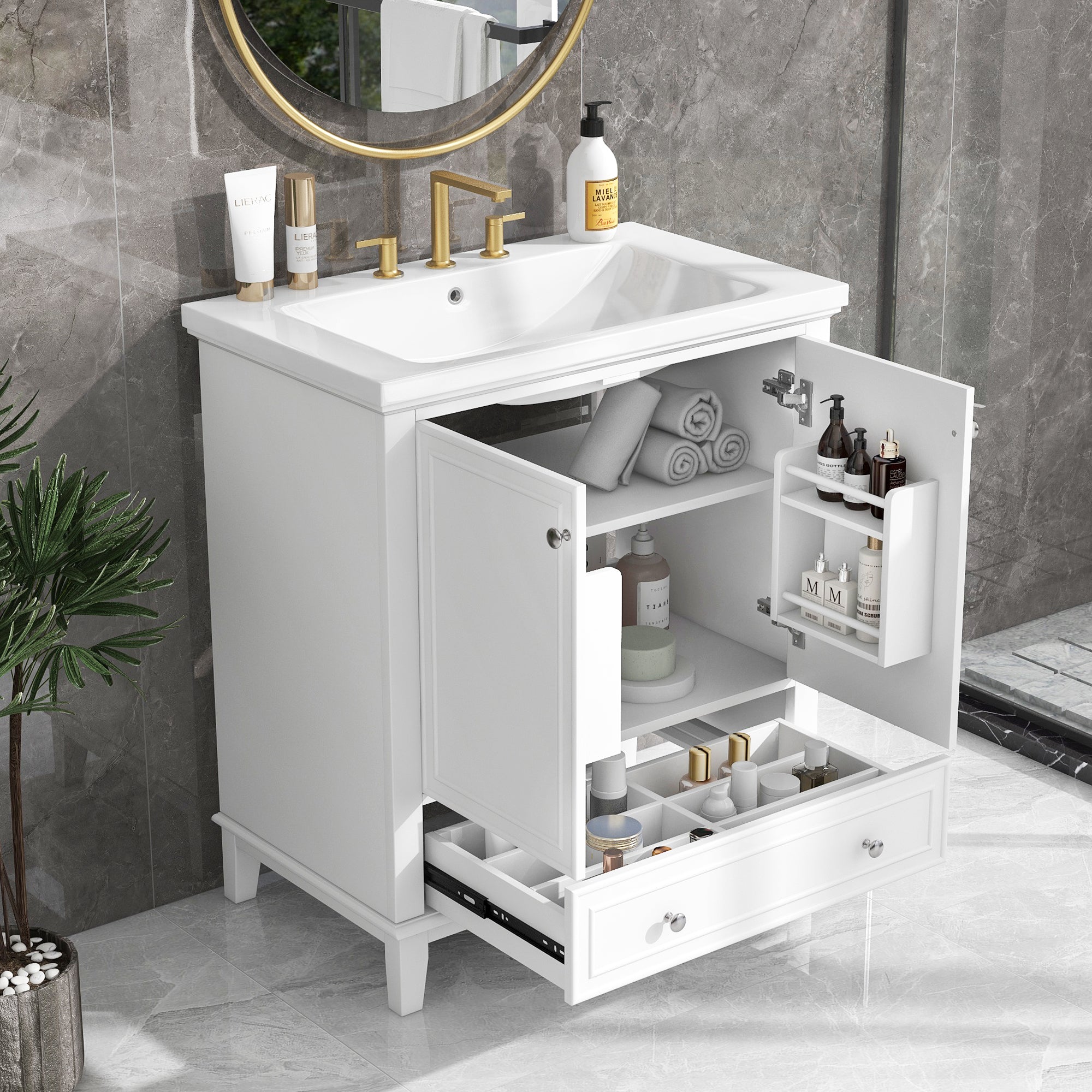30' Bathroom Vanity with Sink Combo, Multi-functional Bathroom Cabinet with Doors and Drawer, Solid Frame and MDF Board, White