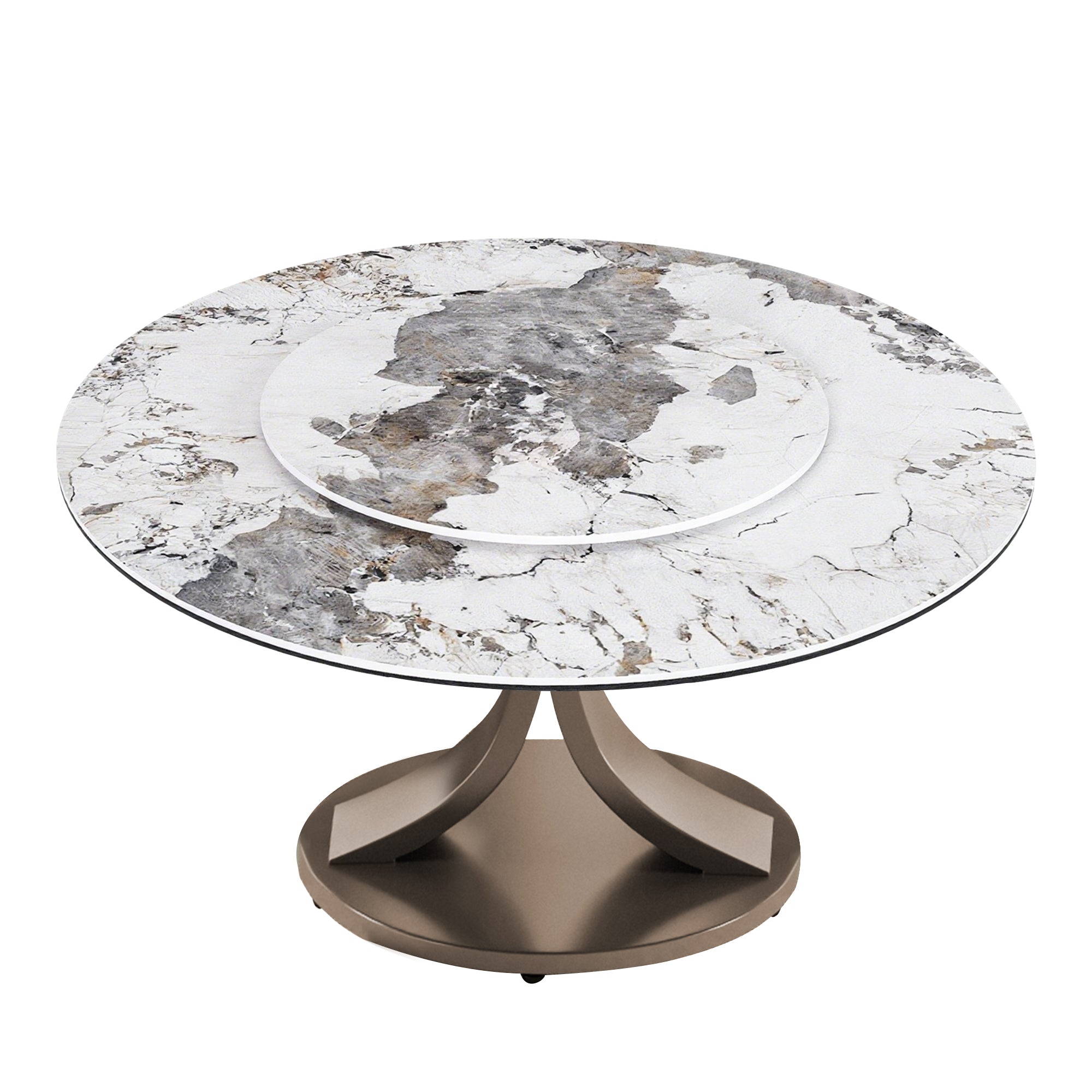 Modern Round Dining Table with 360° Rotating Lazy Susan - Scratch & Heat Resistant Sintered Stone Top in Dark Purple and White, 59-Inch Diameter
