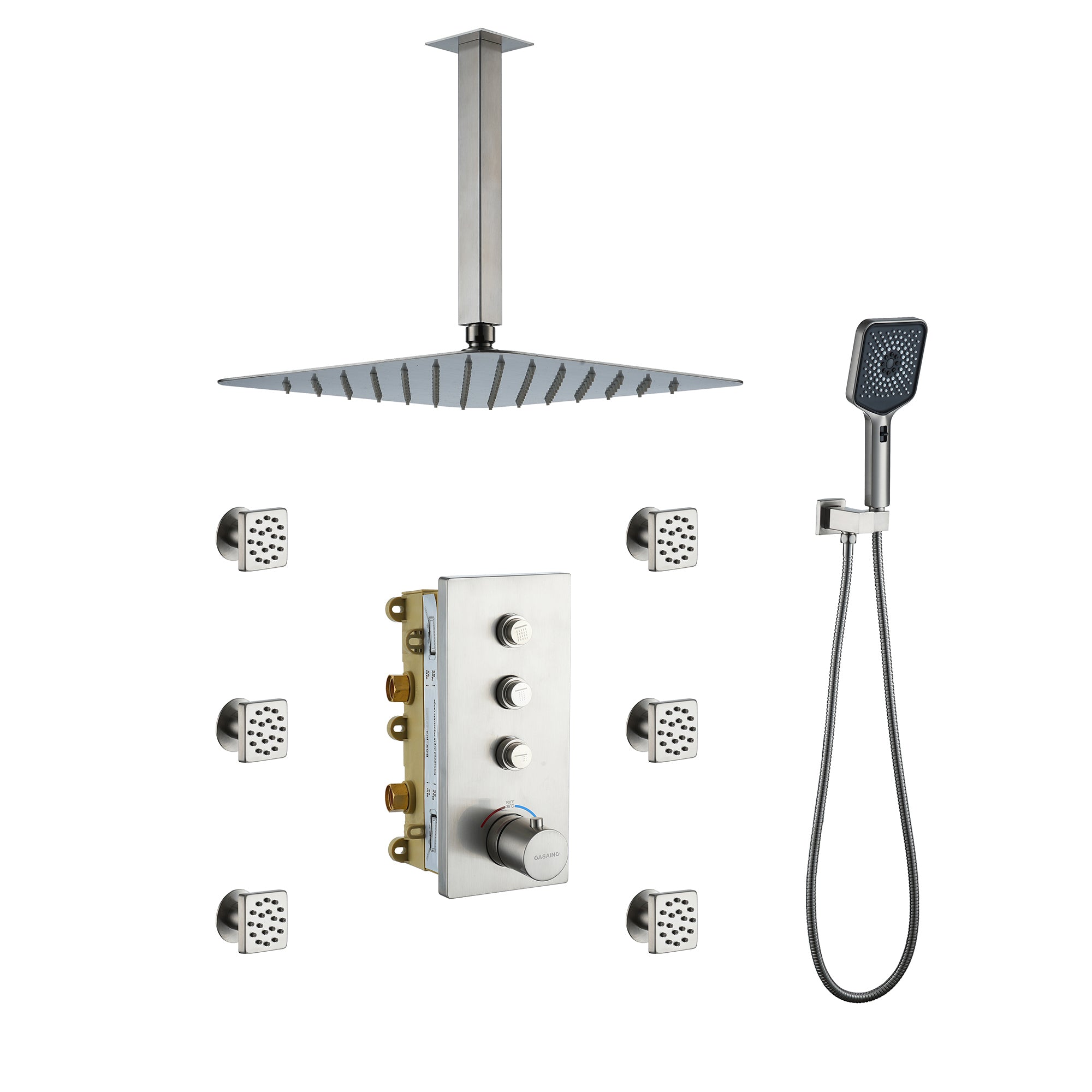 3-Function 12-Inch Ceiling-Mounted Thermostatic Shower System in Brushed Nickel with Square Shower Head