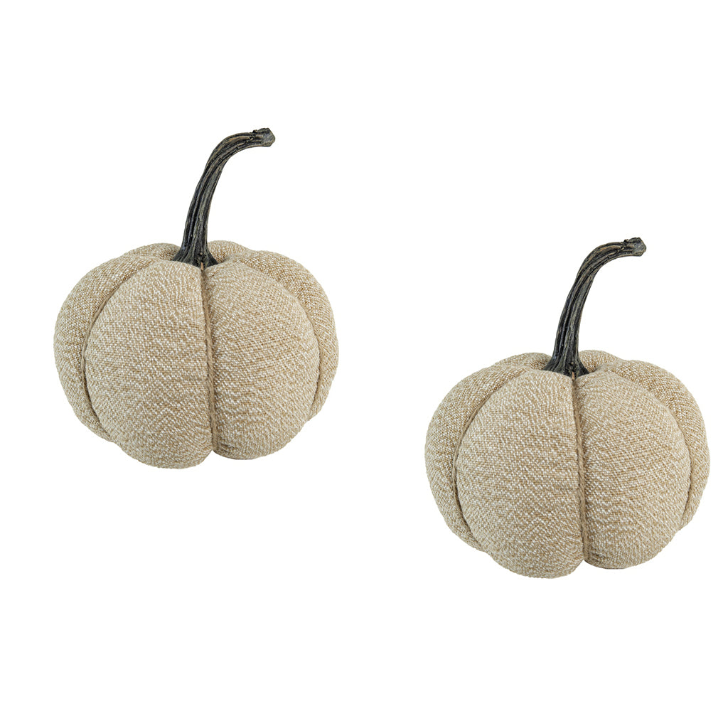 Set of 2, 6.7x6.7x7.8'H Fabric Weighted Pumpkin Natural Beige, Pumpkin Ornament Decor for Holiday Harvest Festival Fall Festival & Thanksgiving