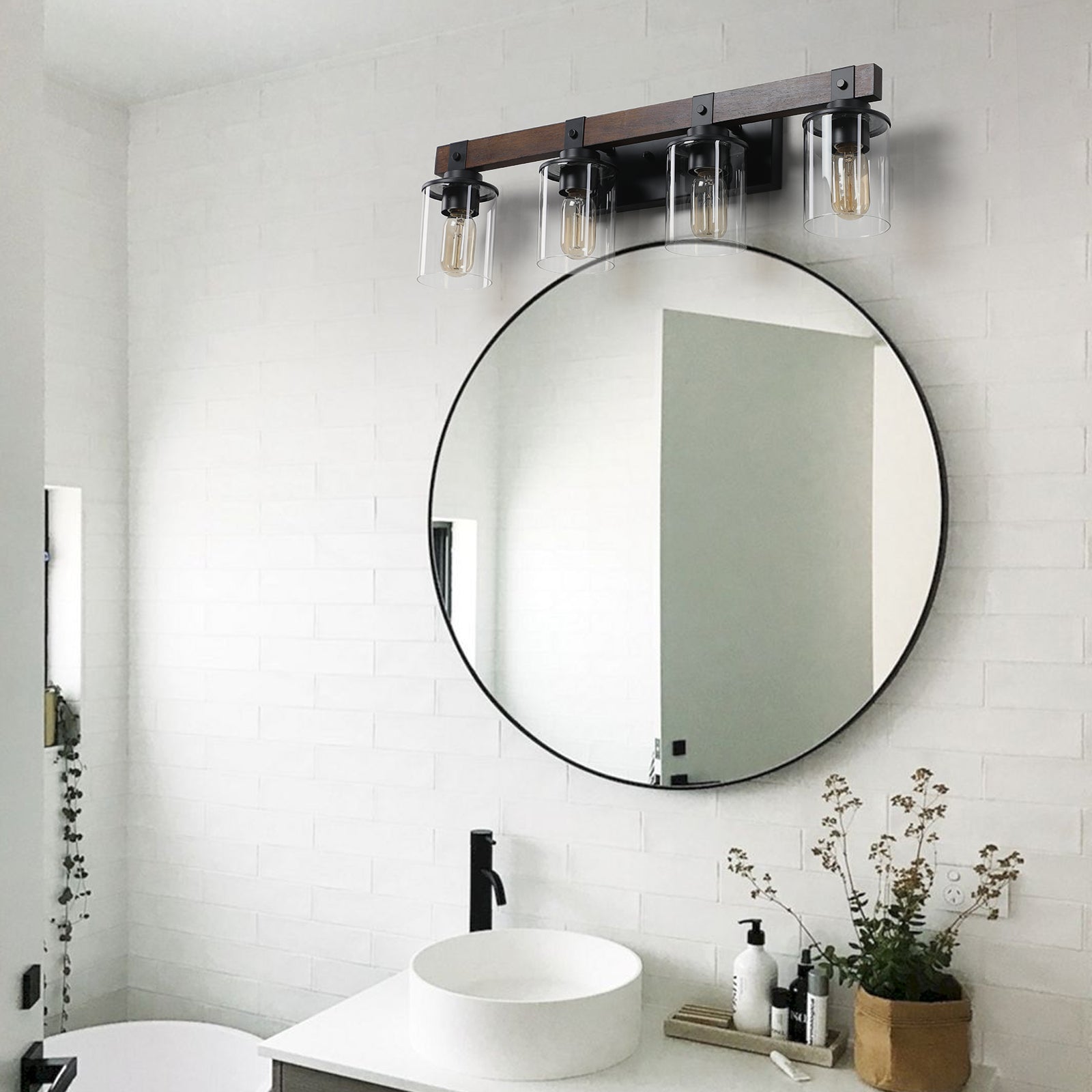 27' Rustic 4-Light Vanity Light, Industrial Bathroom Wall Sconce with Glass Shades and Wood Accent, Modern Farmhouse Lighting Fixture (No Bulbs)