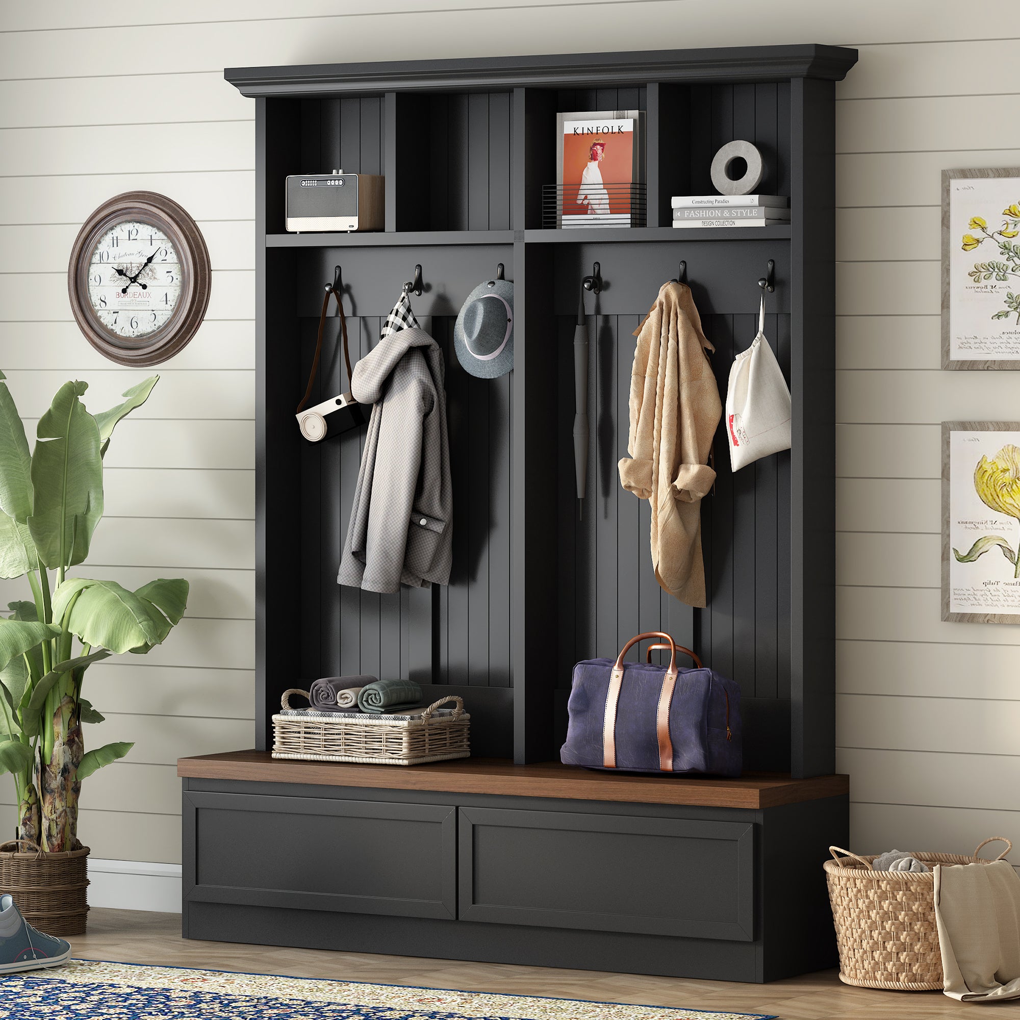 [Assembly Video] Farmhouse  4-in-1 Hall Tree with Wood Grain Bench, Mudroom Versatile Coat Rack with 2 Large Drawer, Large Entrance Organizer with 6 Black Hooks for Hallway, Living Room, Black, 55.9'W