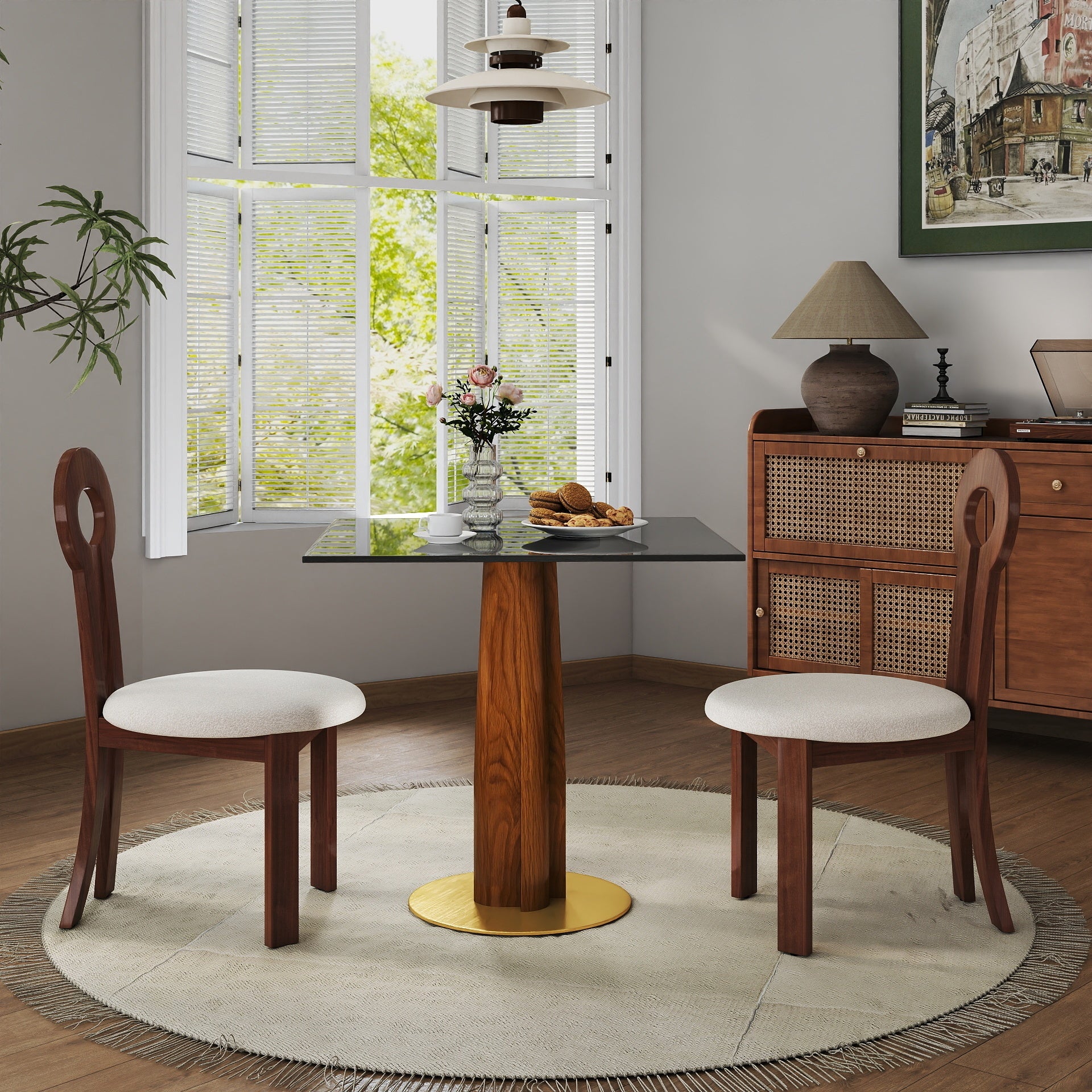 Modern Square Dining Table, 33.5' Tempered Glass Table with Wooden Leg & Gold Base, 2 - Person Kitchen Table for Small Space, 150lbs Weight Capacity(Only the Negotiation Table)
