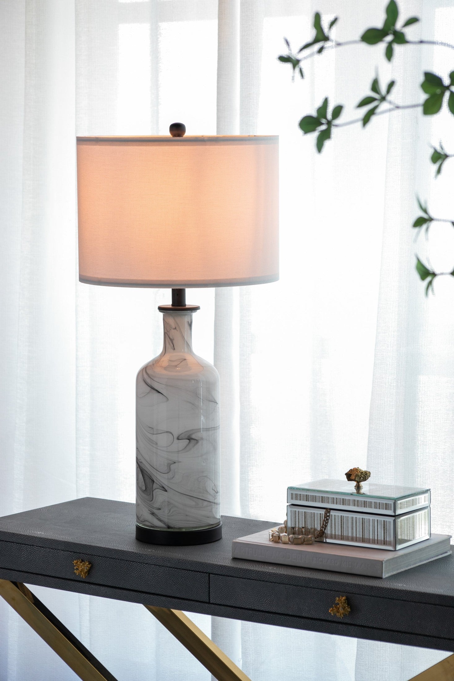 14x14x28.5' Sarris Tall Gray & White Swirl Glass Table Lamp w/ Linen Shade, Back Metal Base