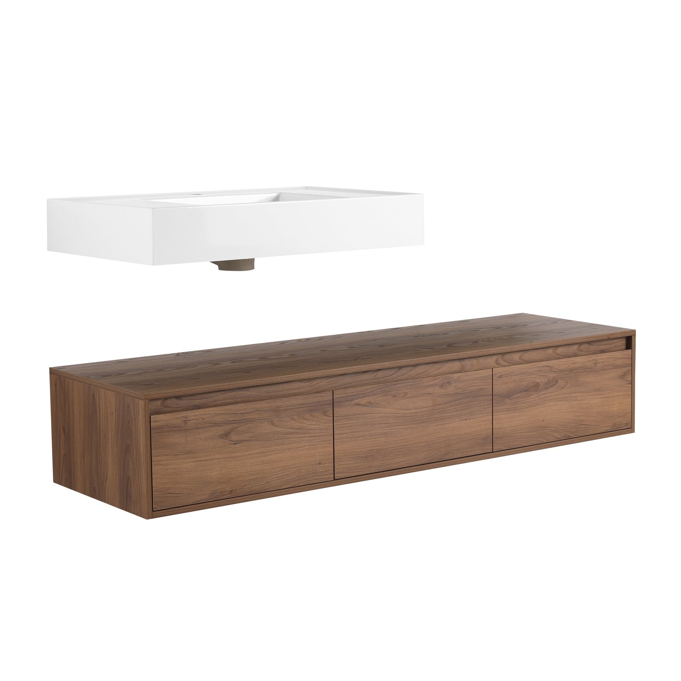 Modern 60-Inch Wall-Mounted Bathroom Vanity with Resin Sink and Side Cabinet in Brown Ebony