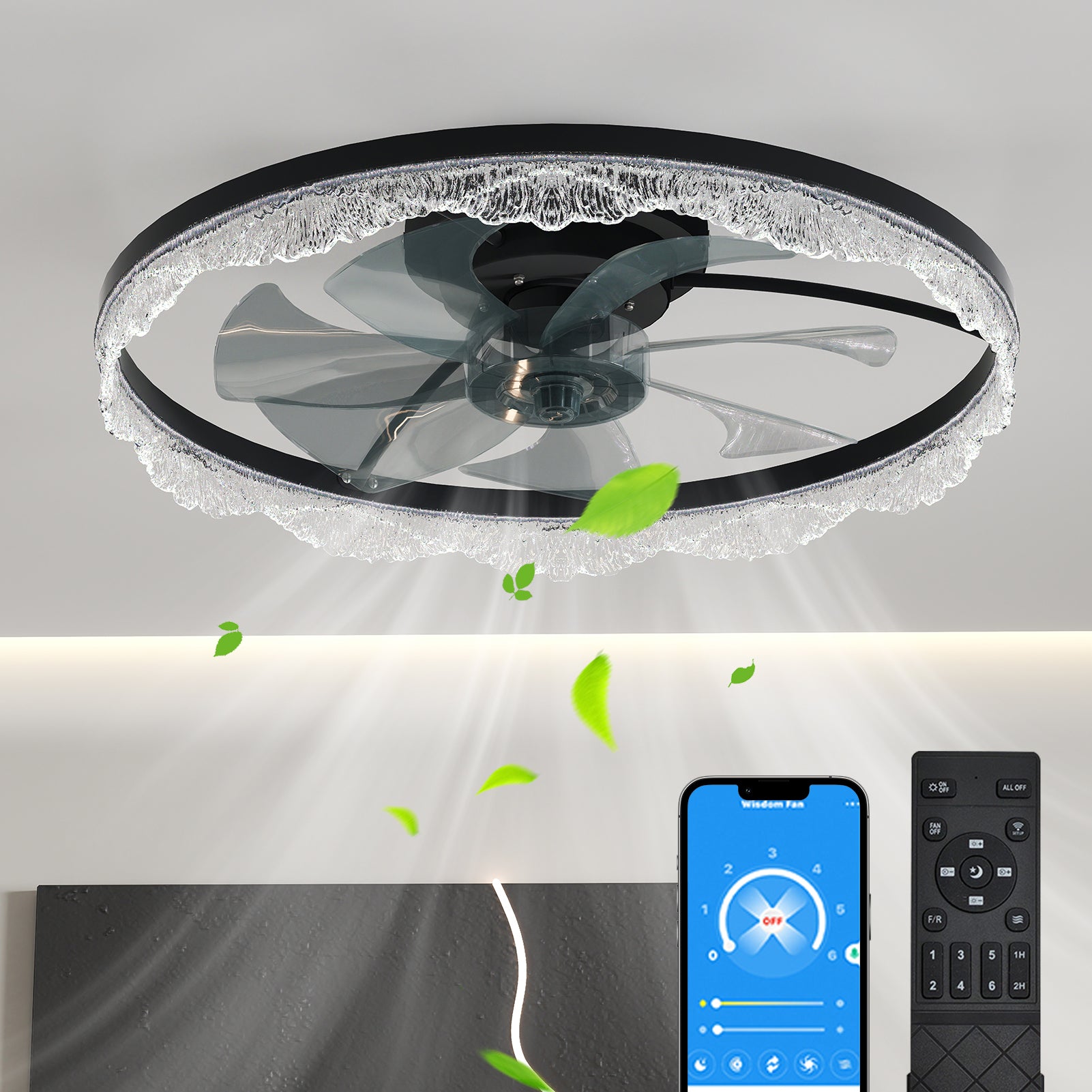 24' Decorative LED Ceiling Fan Light – Modern Flush Mount with Acrylic Ring, Hidden Blades, Remote Control, and Dimmable Light for Stylish Homes (Black)