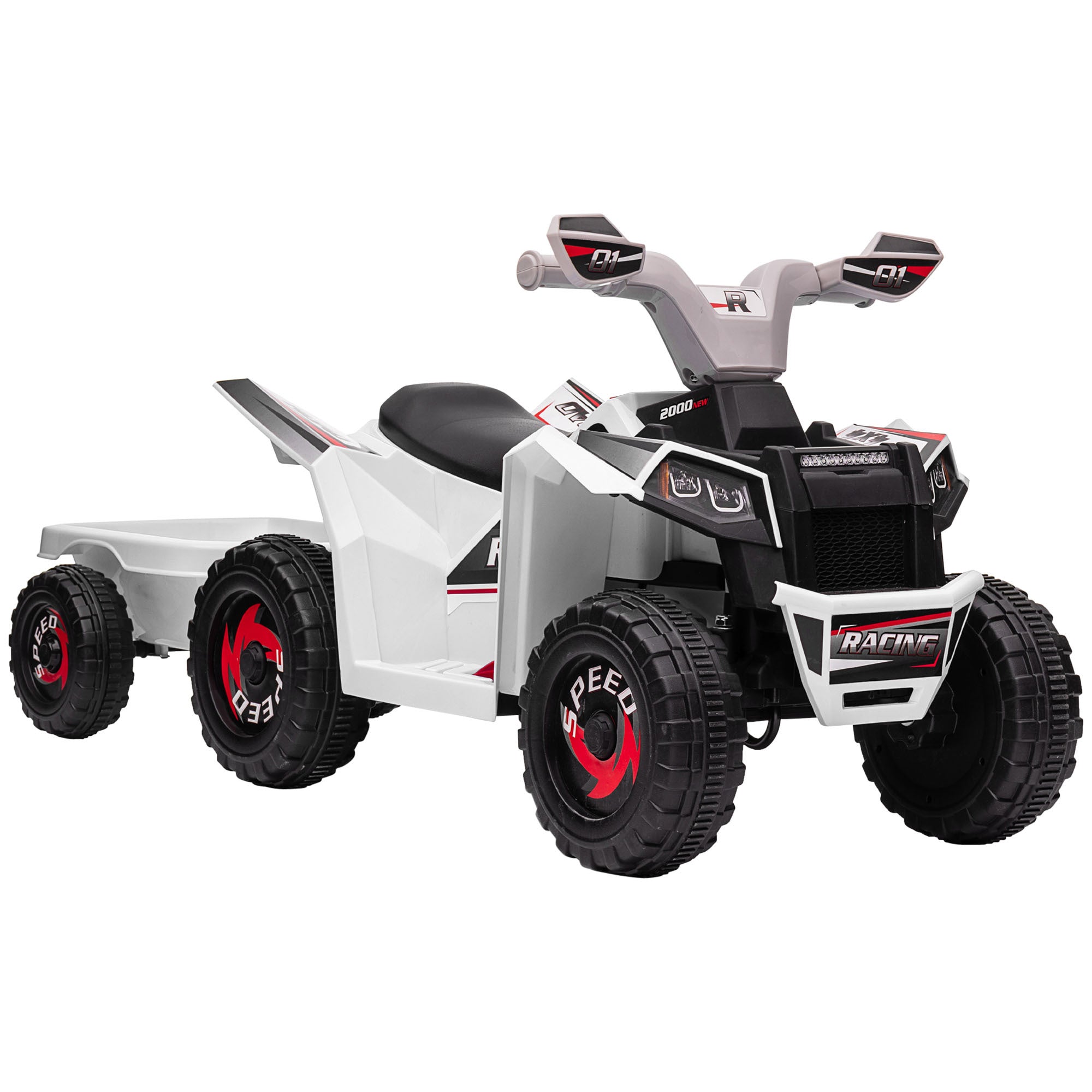 Aosom Kids ATV Quad Car with Back Trailer, 6V Electric Ride On Car with Forward Backward Function, Wear-Resistant Wheels for Toddlers Ages 18-36 Months, White
