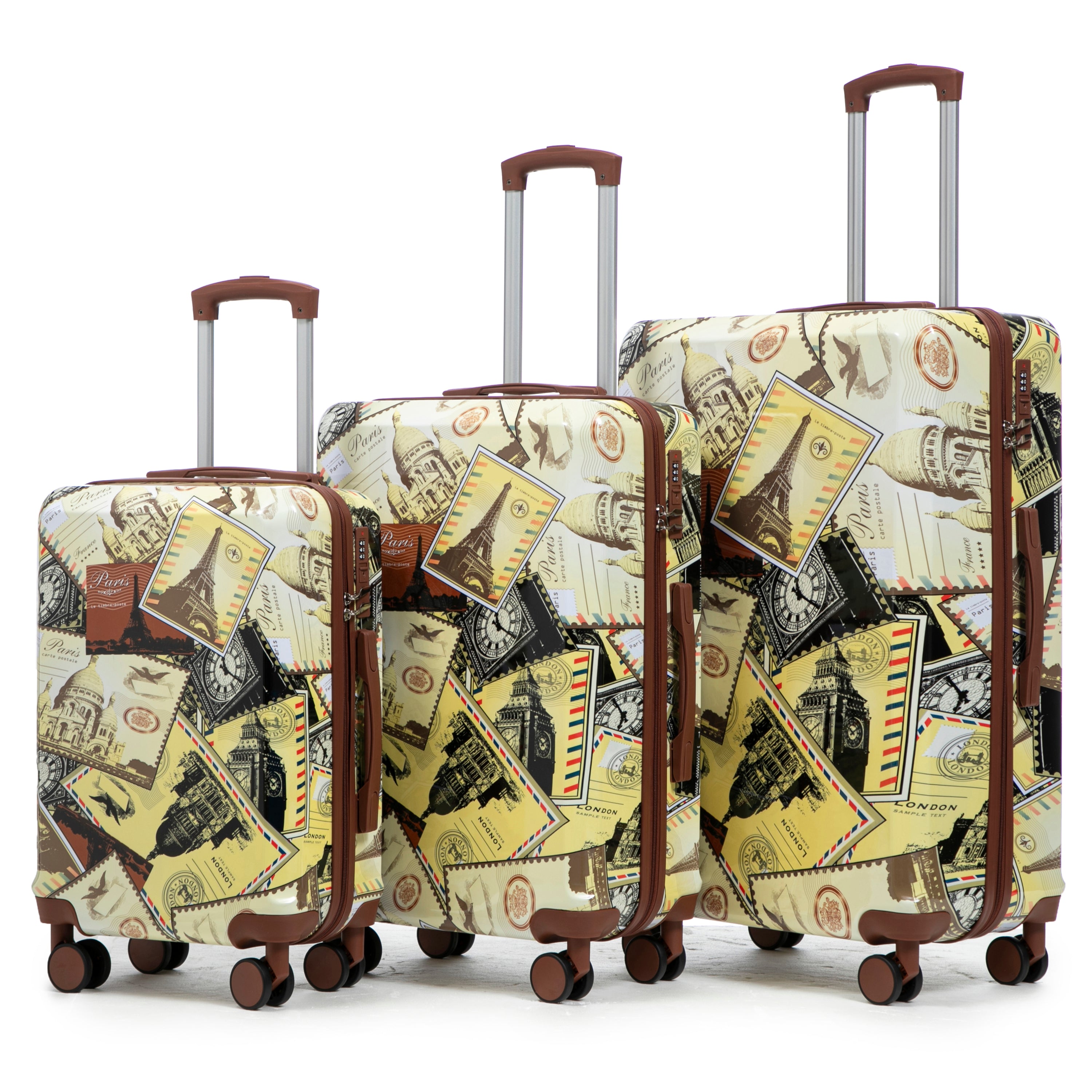 20'/24'/28' 3 pcs/set in PC Spinner Wheel Luggage, Carry on Suitcase, With Printed pattern and Combination Lock (City Stamps)
