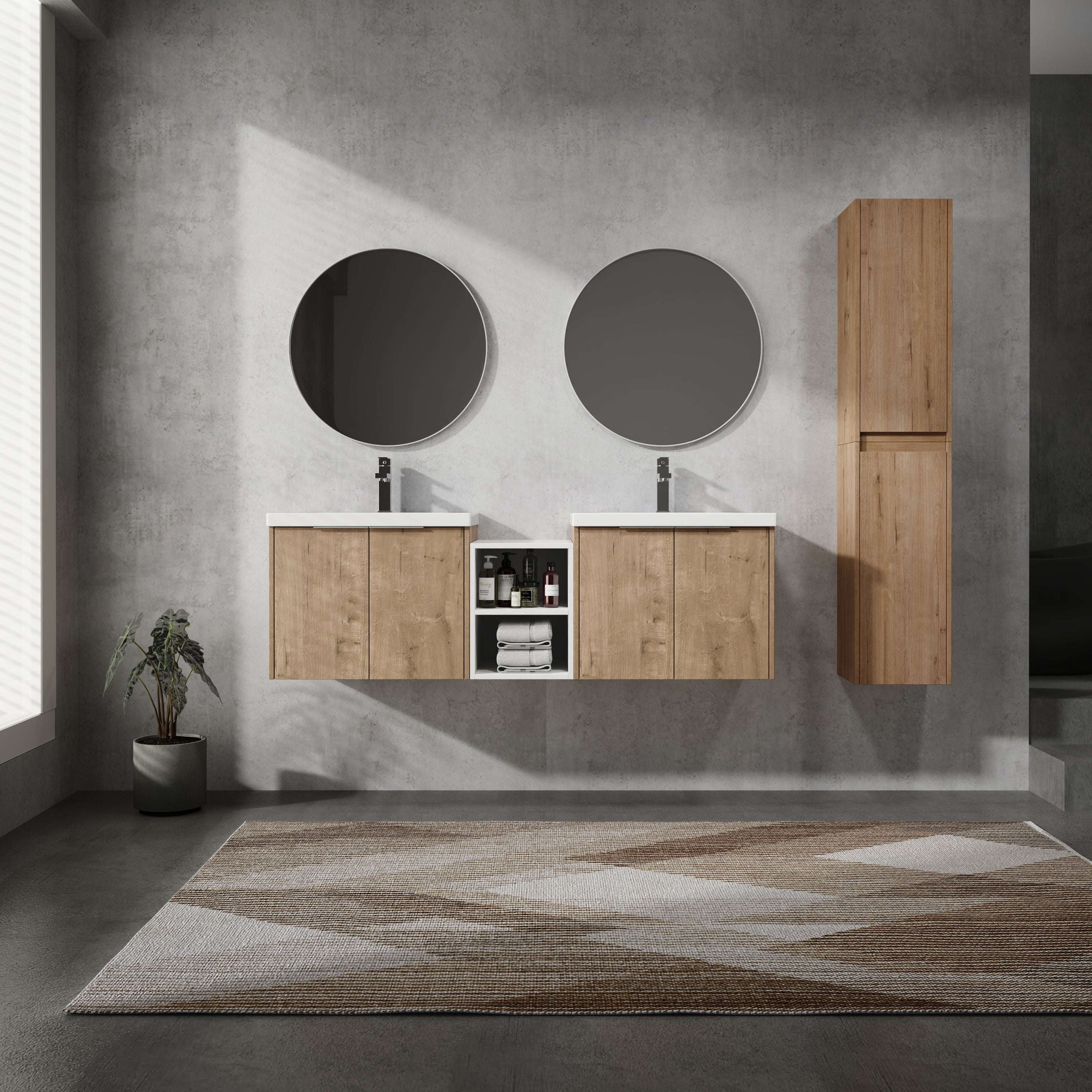 60' Wall-Mounted Bathroom Vanity With Sink and Side Cabinet, Soft Close Doors,00112IMOx2-0624IMOx2-0612GWH Combination Cabinet(KD-Packing)