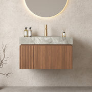 MURI 30' Bathroom Vanity with Sink, Wall-Mounted Plywood Bathroom Storage Cabinet with Drawer and Door, Light Gray Sintered Stone Countertop and Ceramic Basin, Pre-assembled, Brown Oak Woodgrain Color