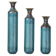 Modern Droplet-Shaped Floor Vase Set – Aqua Blue Glazed Metal Decorative Vases – 3-Piece Home Decor in 20.4 In, 24.4 In & 28.34 In Heights