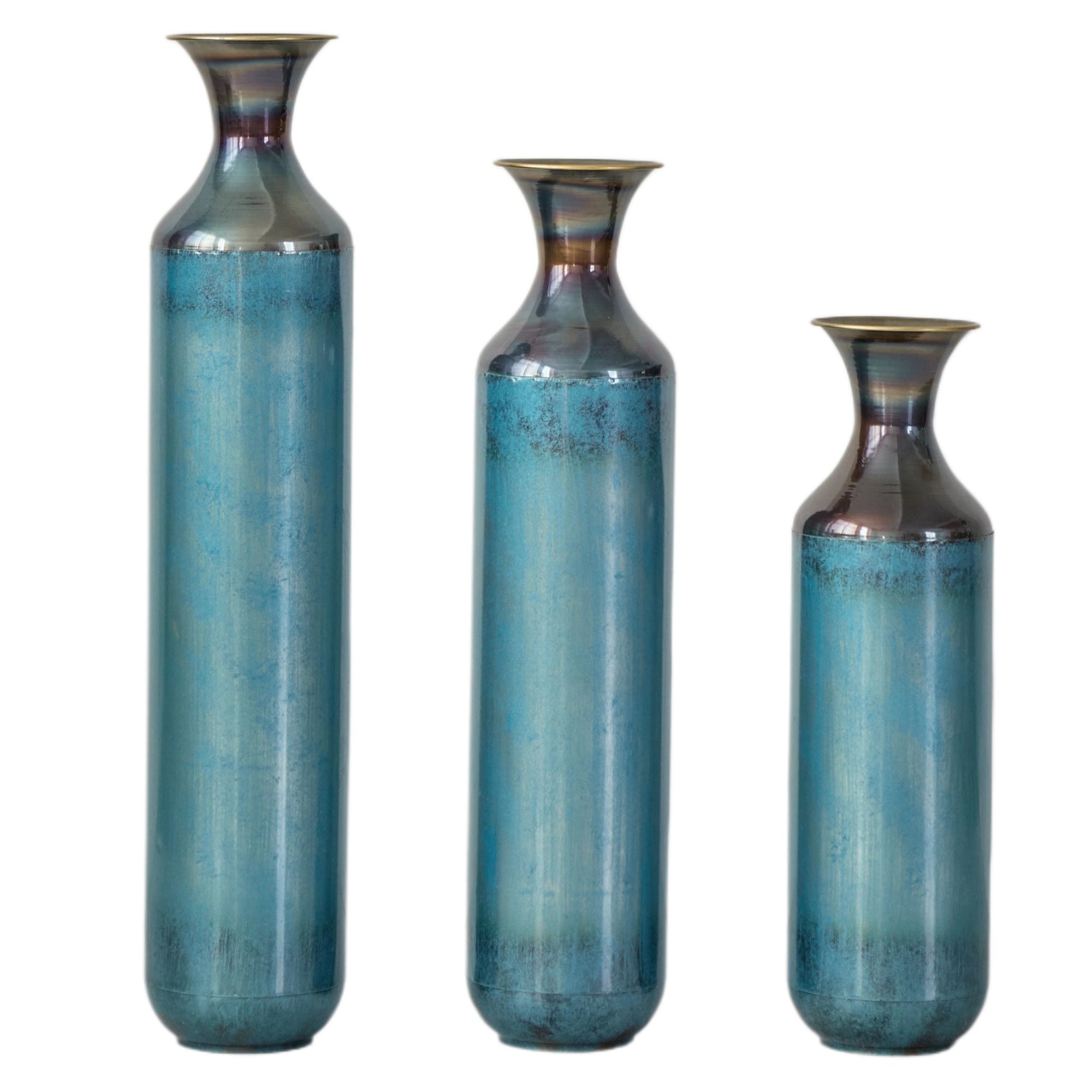 Modern Droplet-Shaped Floor Vase Set – Aqua Blue Glazed Metal Decorative Vases – 3-Piece Home Decor in 20.4 In, 24.4 In & 28.34 In Heights